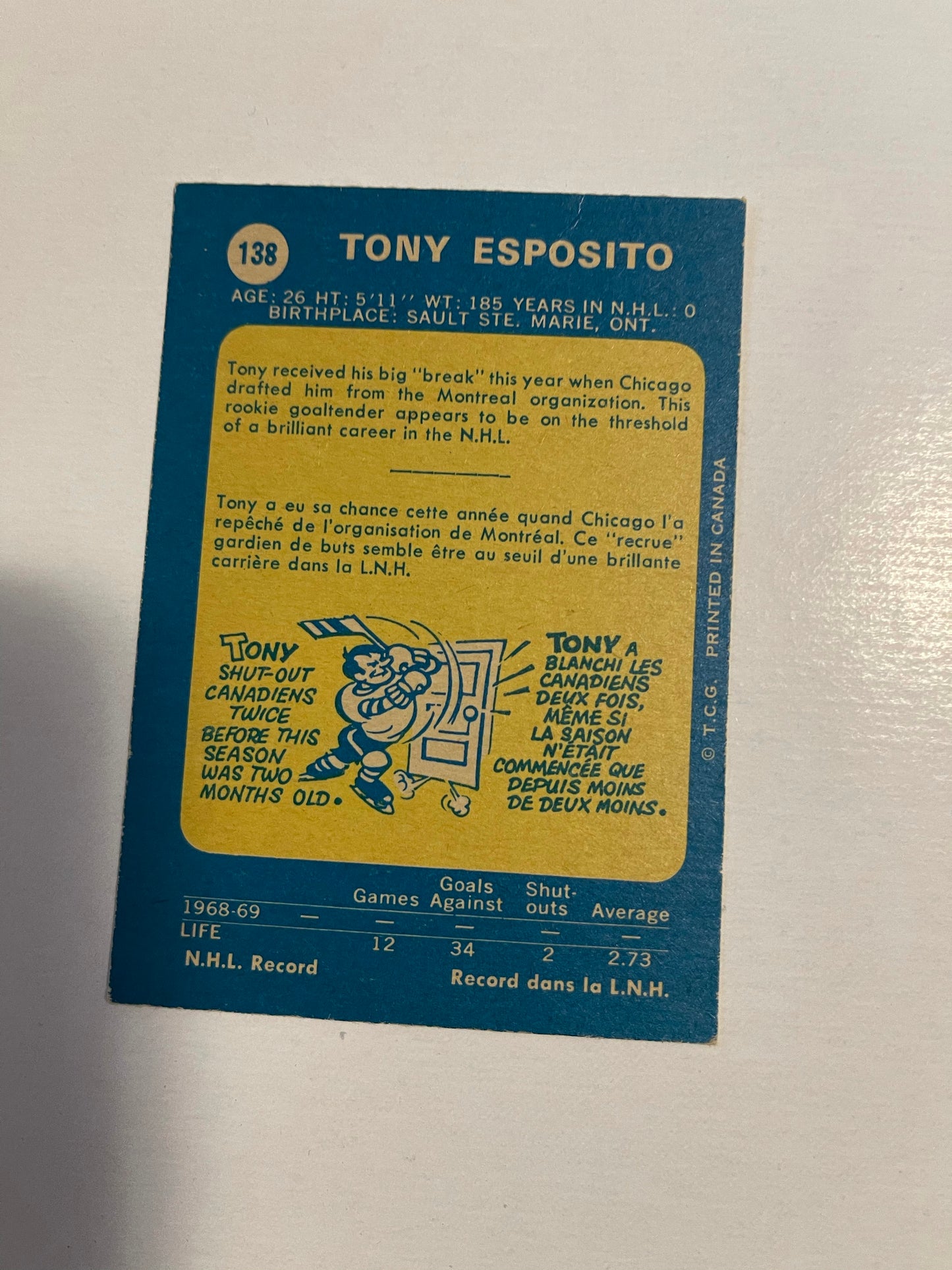 Tony Esposito opc rookie hockey card 1969