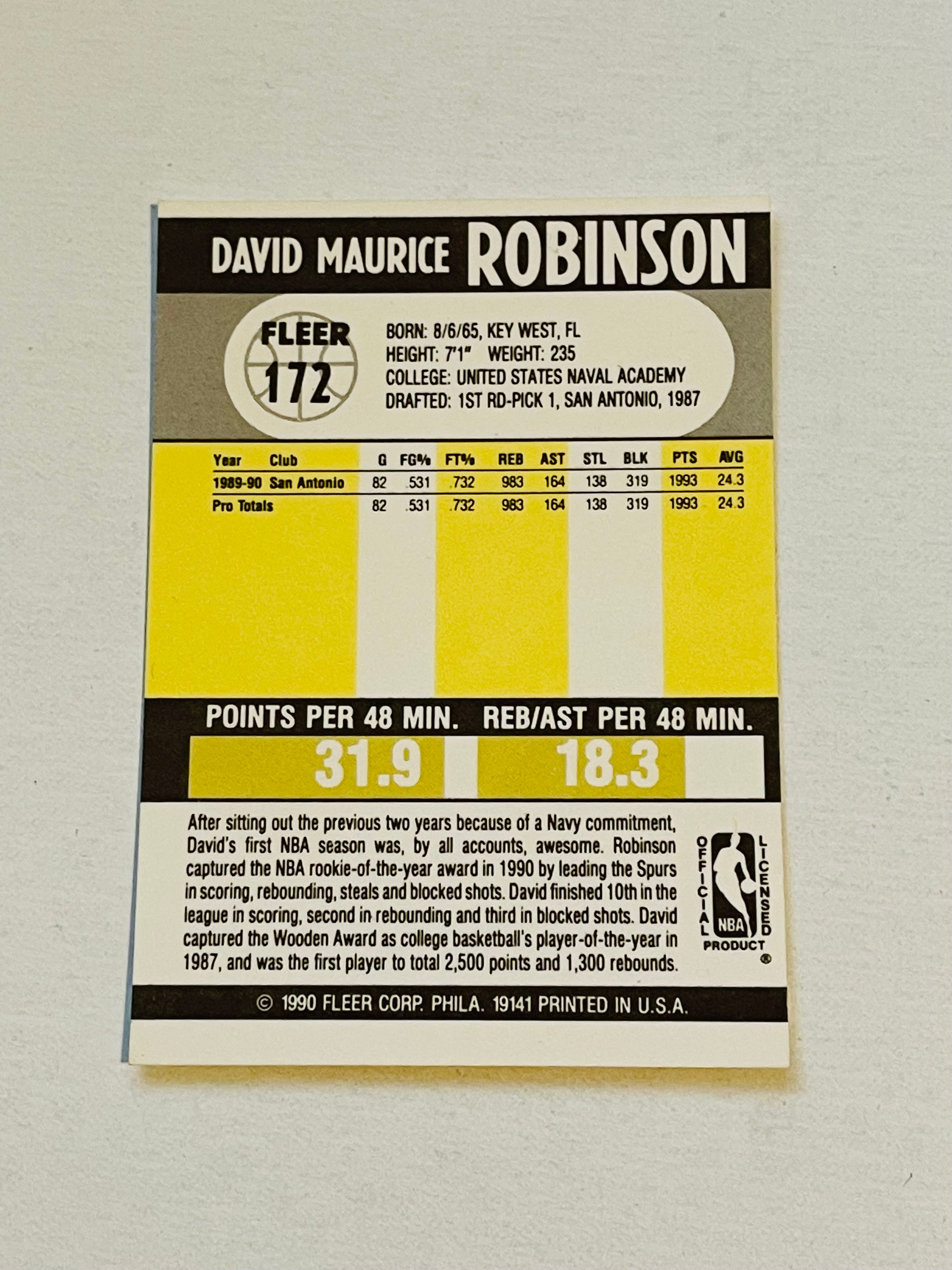 David Robinson Fleer basketball rookie card 1990