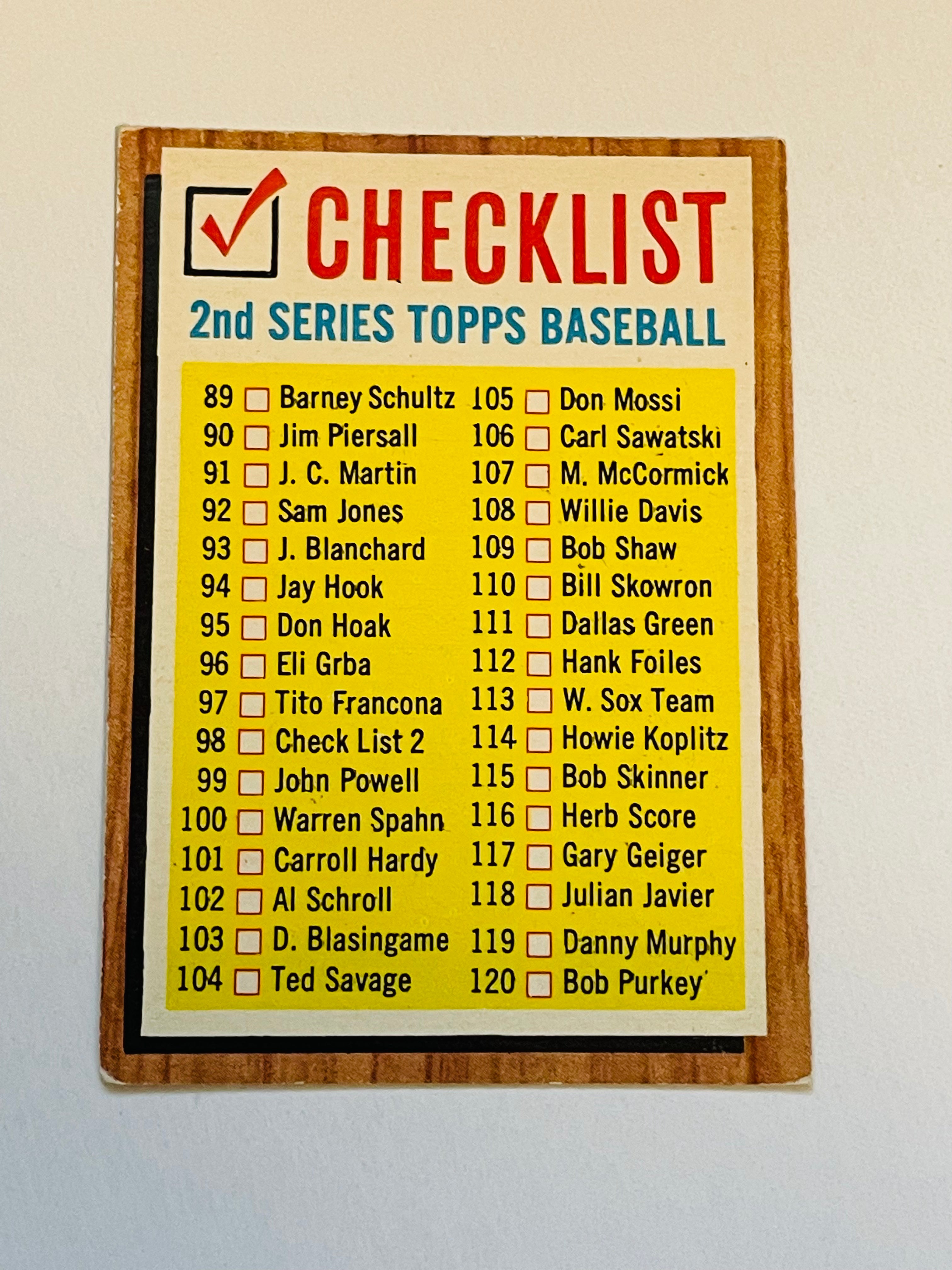 1962 2nd series rare unmarked baseball checklist