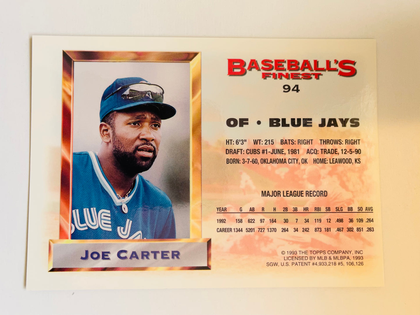 Toronto Blue Jays Joe Carter Topps finest jumbo baseball insert card 1993