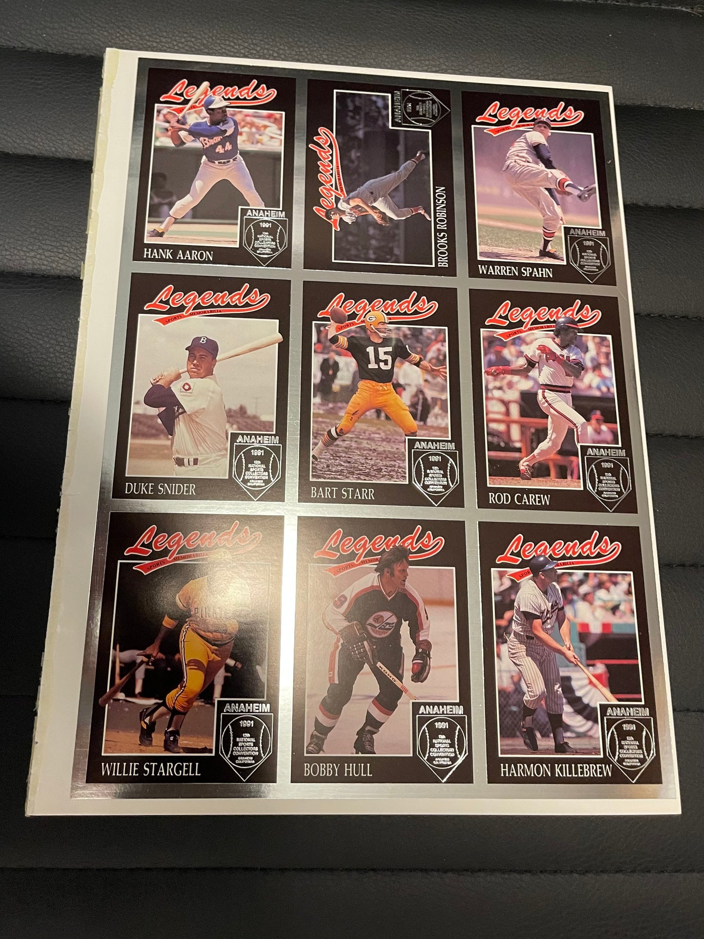 Legends sports 9 cards uncut sheet with Hank Aaron , Bobby Hull and more 1990s