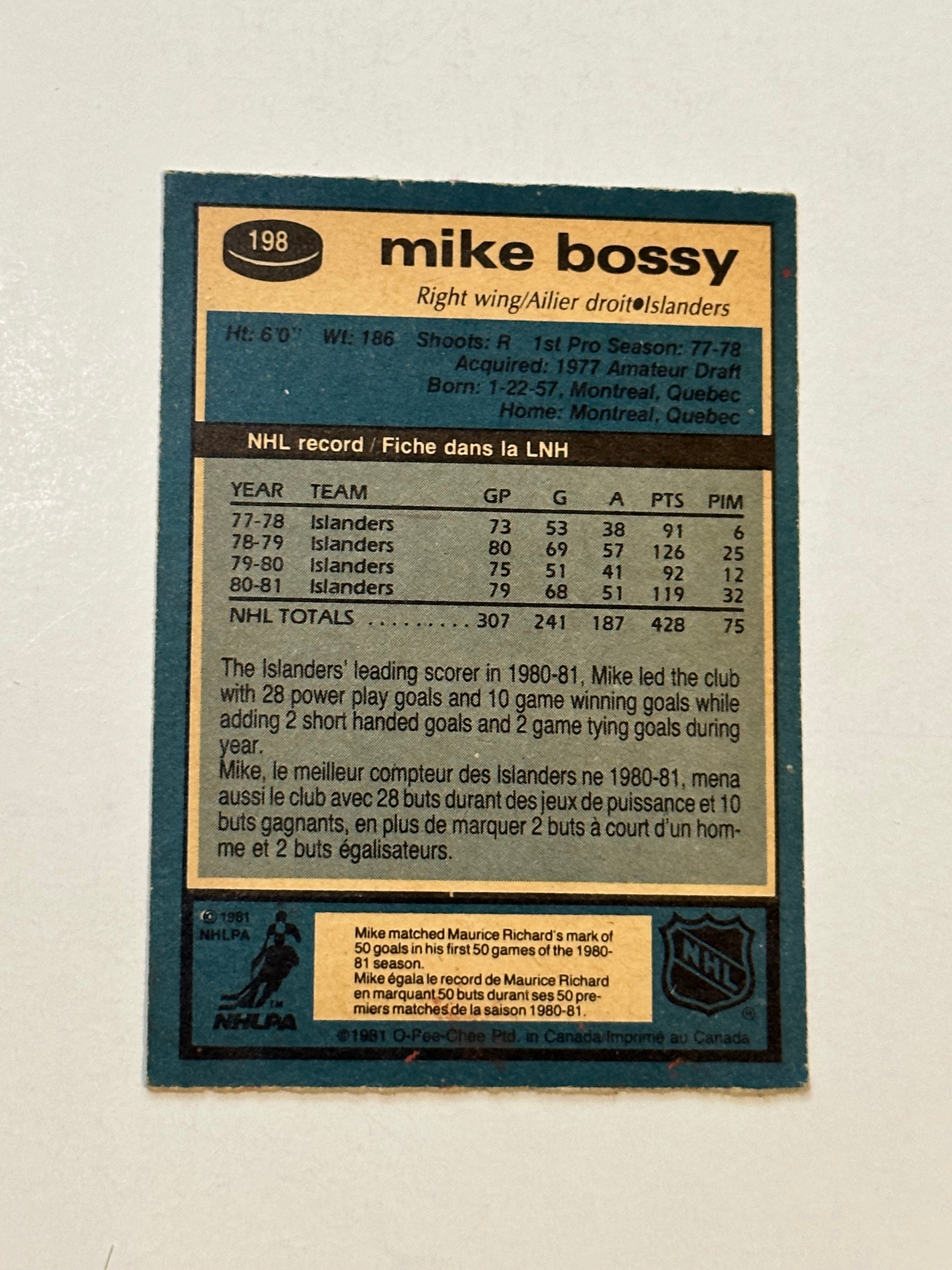 Mike Bossy autograph hockey card with COA