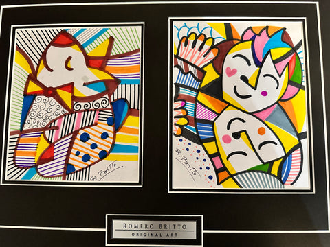 Romero Britto signed two original matted sketches sold with COA