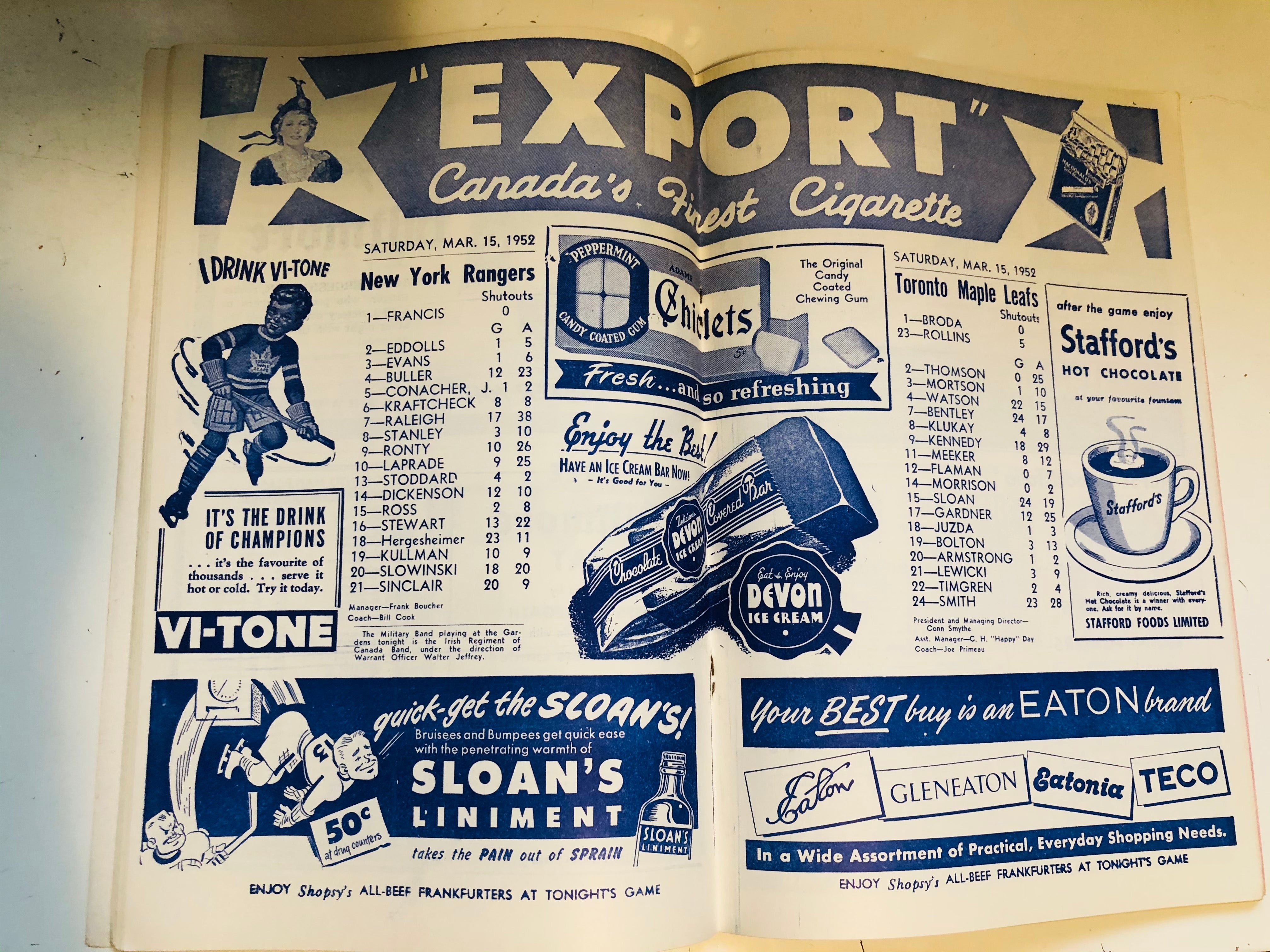Toronto Maple Leafs hockey game program Mar.15,1952