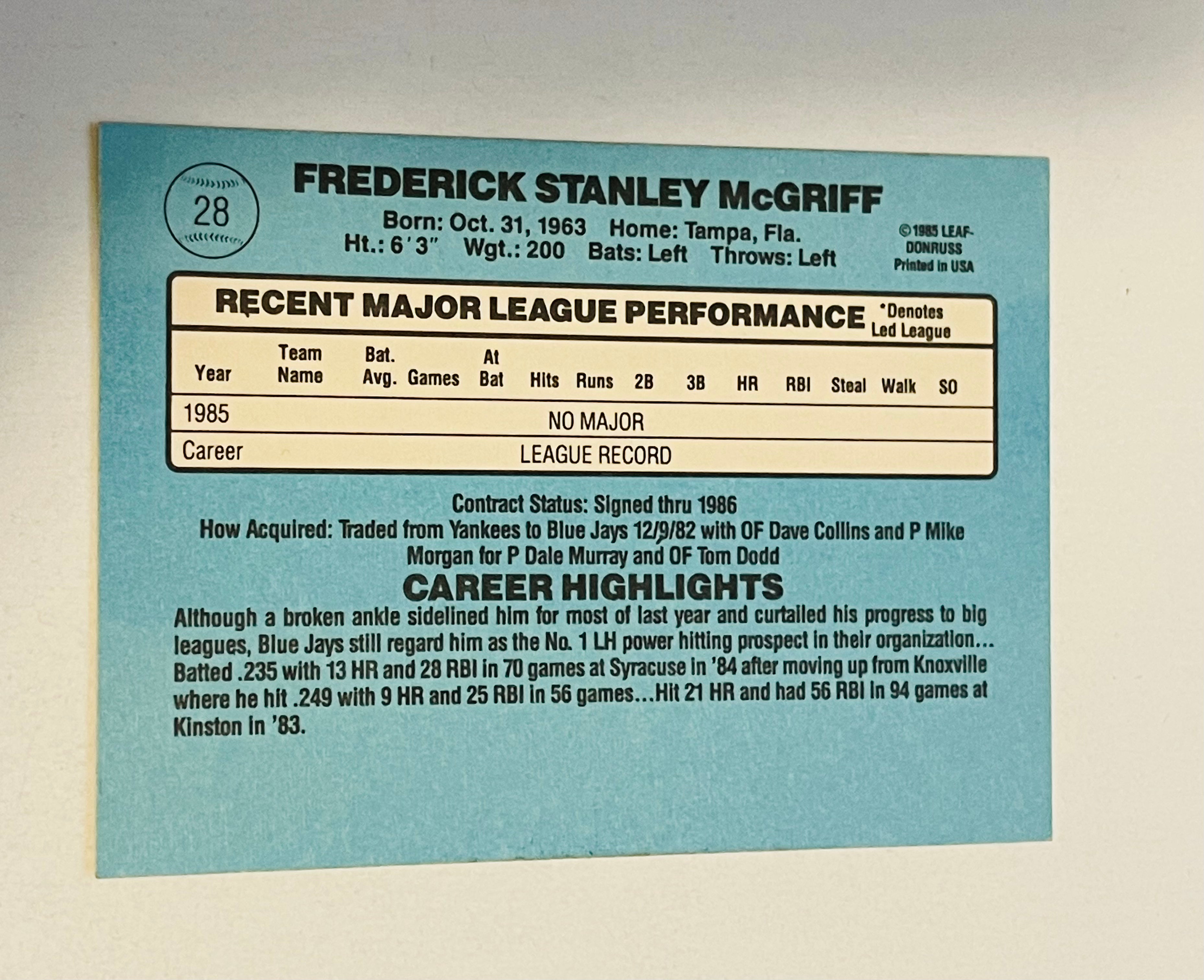 Fred McGriff Toronto Blue Jays rookie baseball card 1986