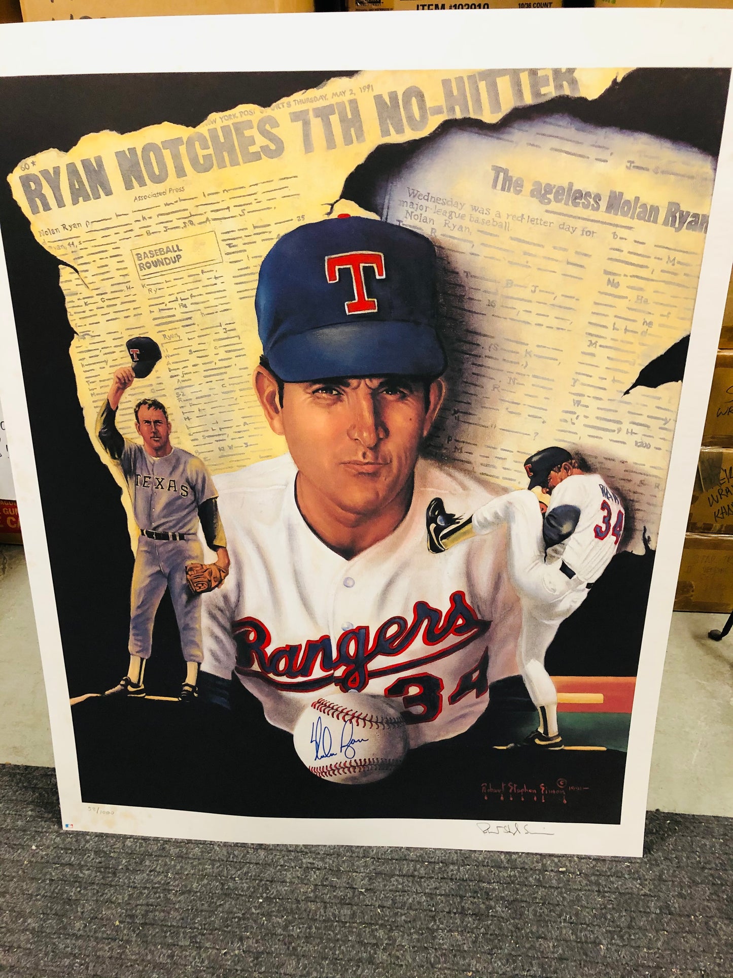 Nolan Ryan rare signed in person and by the artist large baseball lithograph print. Sold with COA