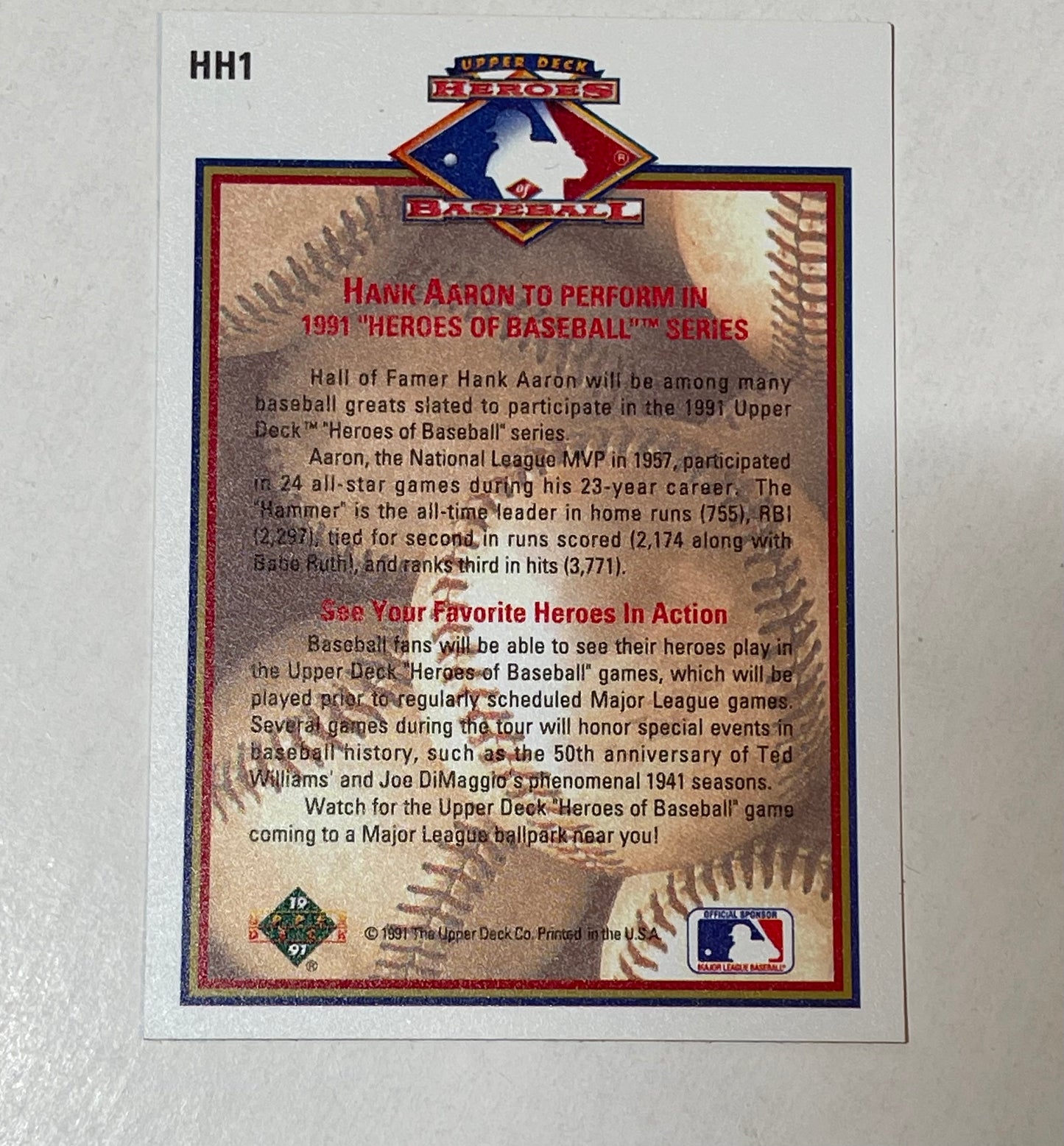 Hank Aaron Upper Deck baseball hologram insert card 1991