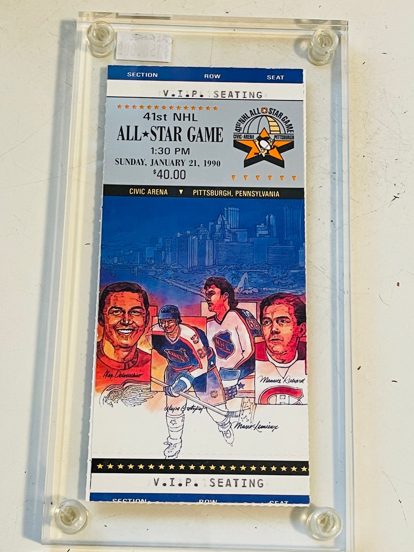 NHL hockey All-Star games two rare tickets in lucite holder 1990