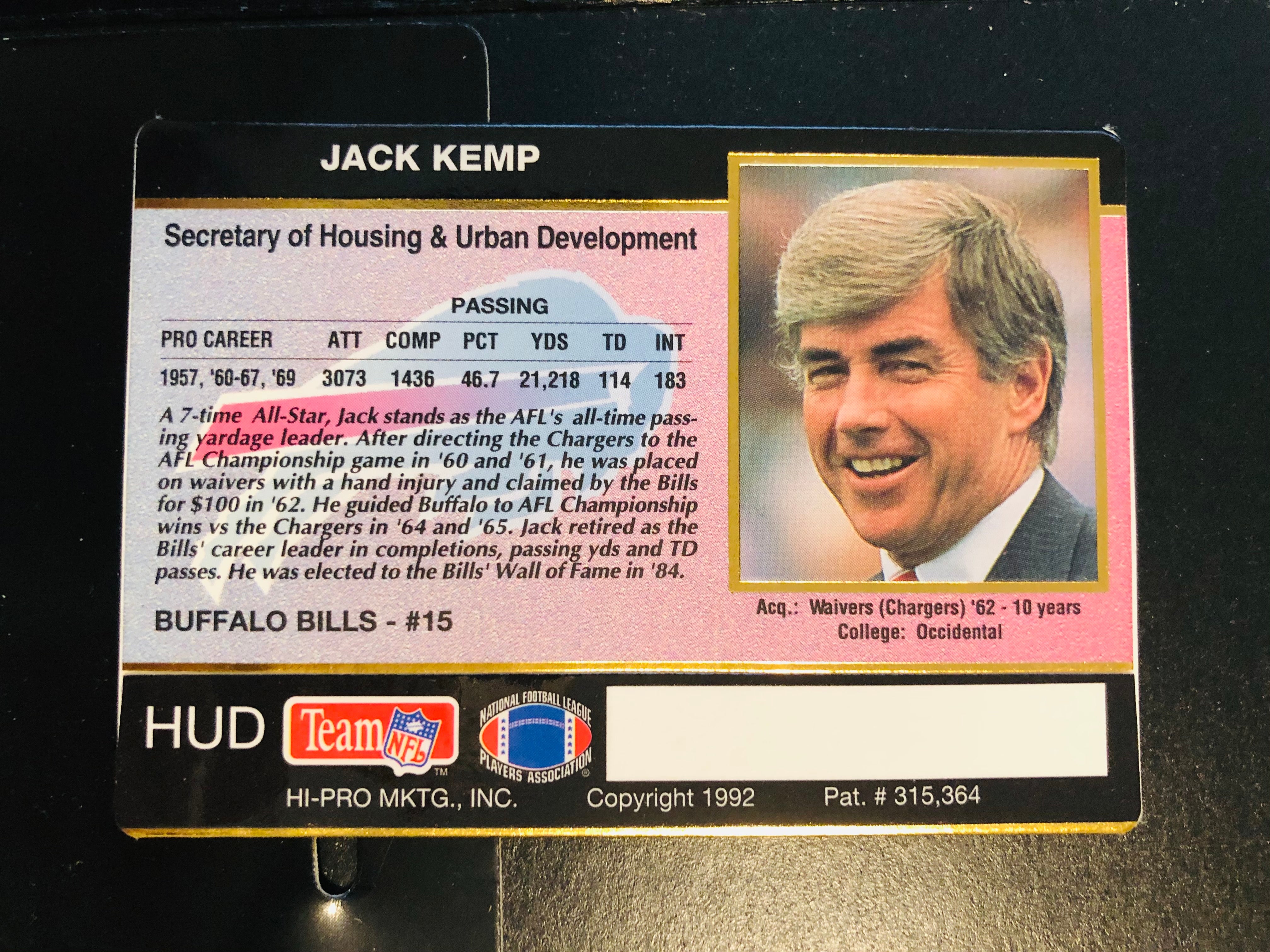 Jack Kemp action packed 24k gold special football card 1992