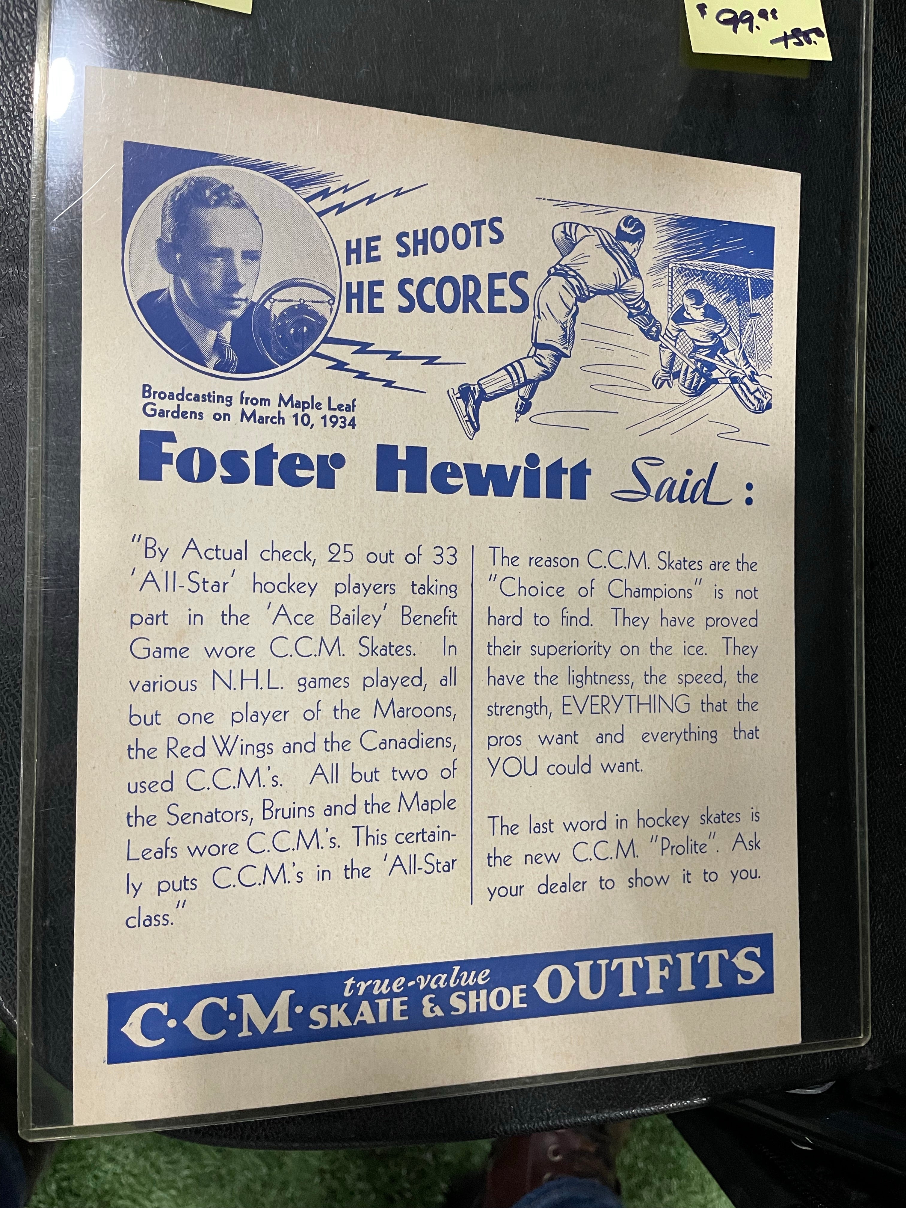 NHL hockey CCM rare Foster Hewitt sign 1933