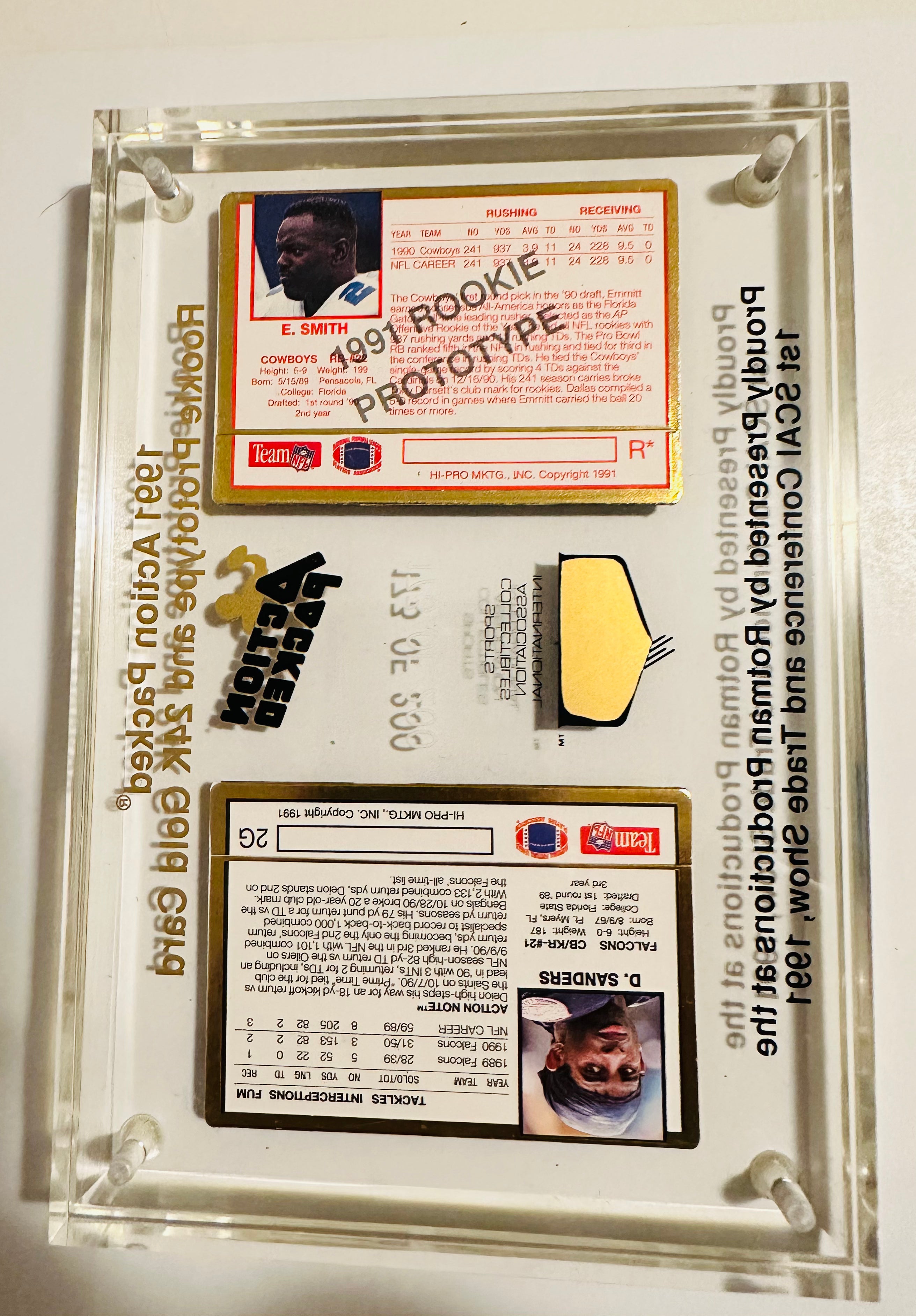 Action Packed rare SCA dinner numbered lucite football display with Emmitt Smith rookie promo #173/200