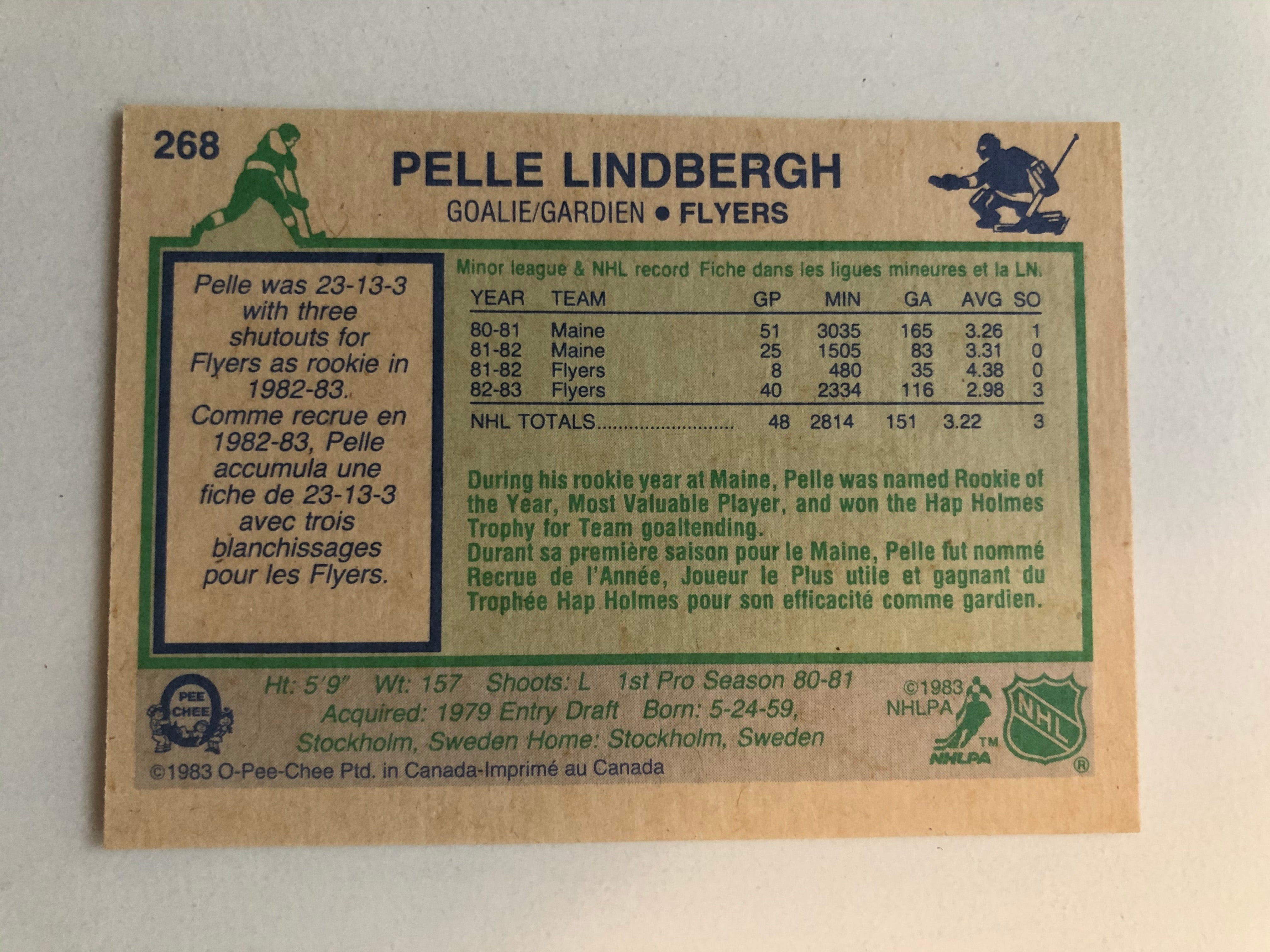 Pelle Lindbergh opc hockey rookie card 1983
