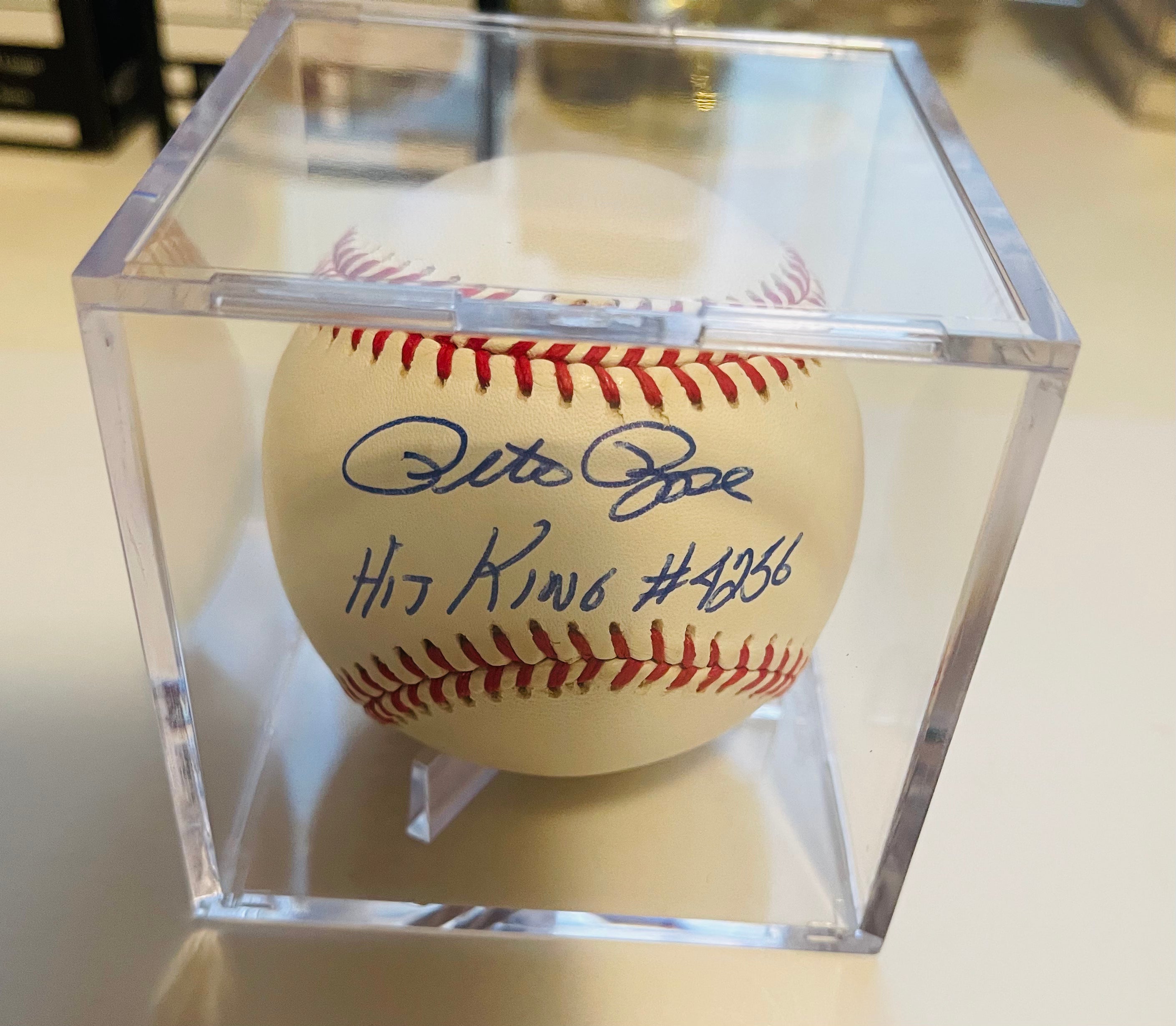 Pete Rose special inscription autographed baseball with COA in cube
