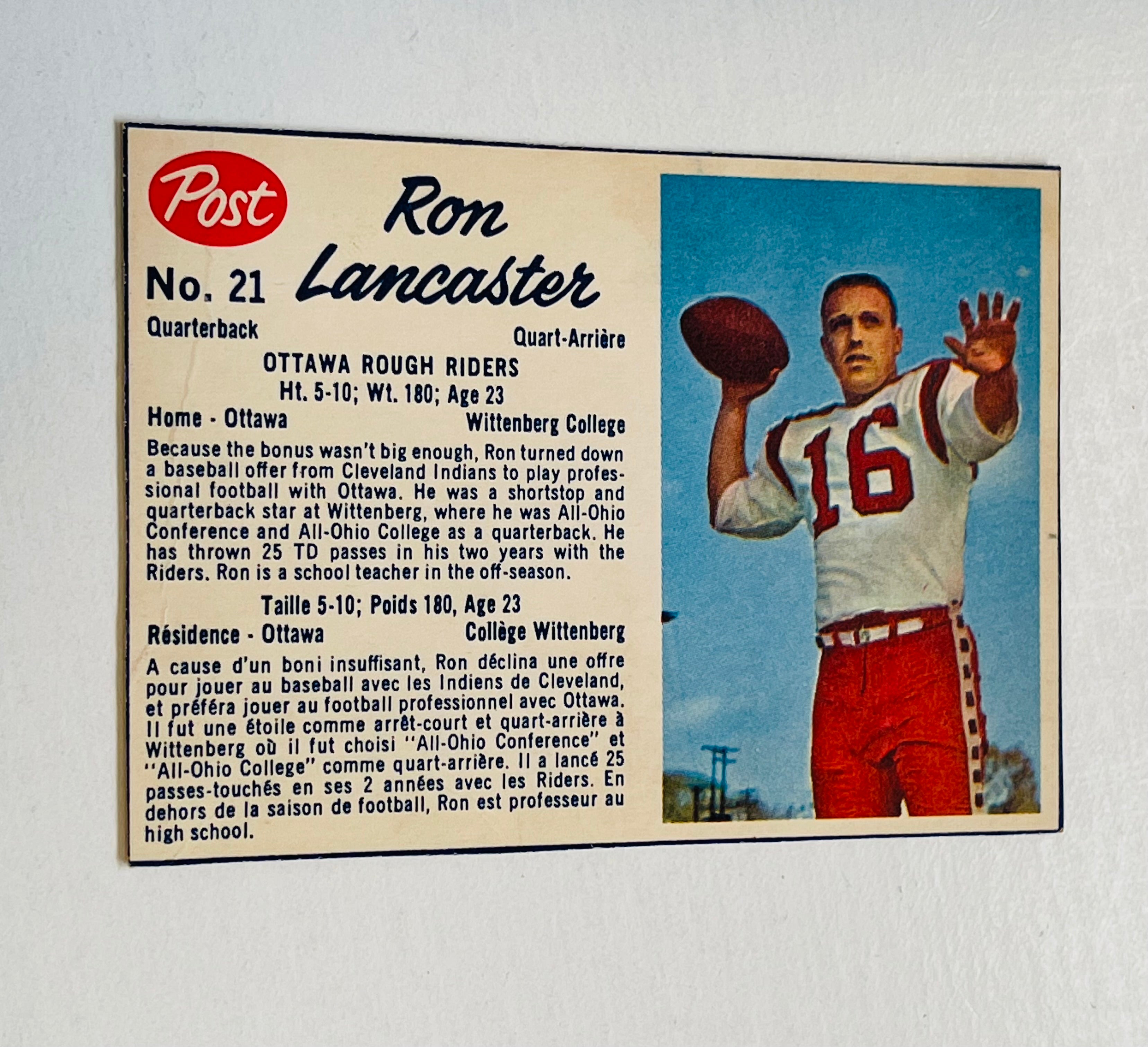 1962 Post CFL Ron Lancaster football card