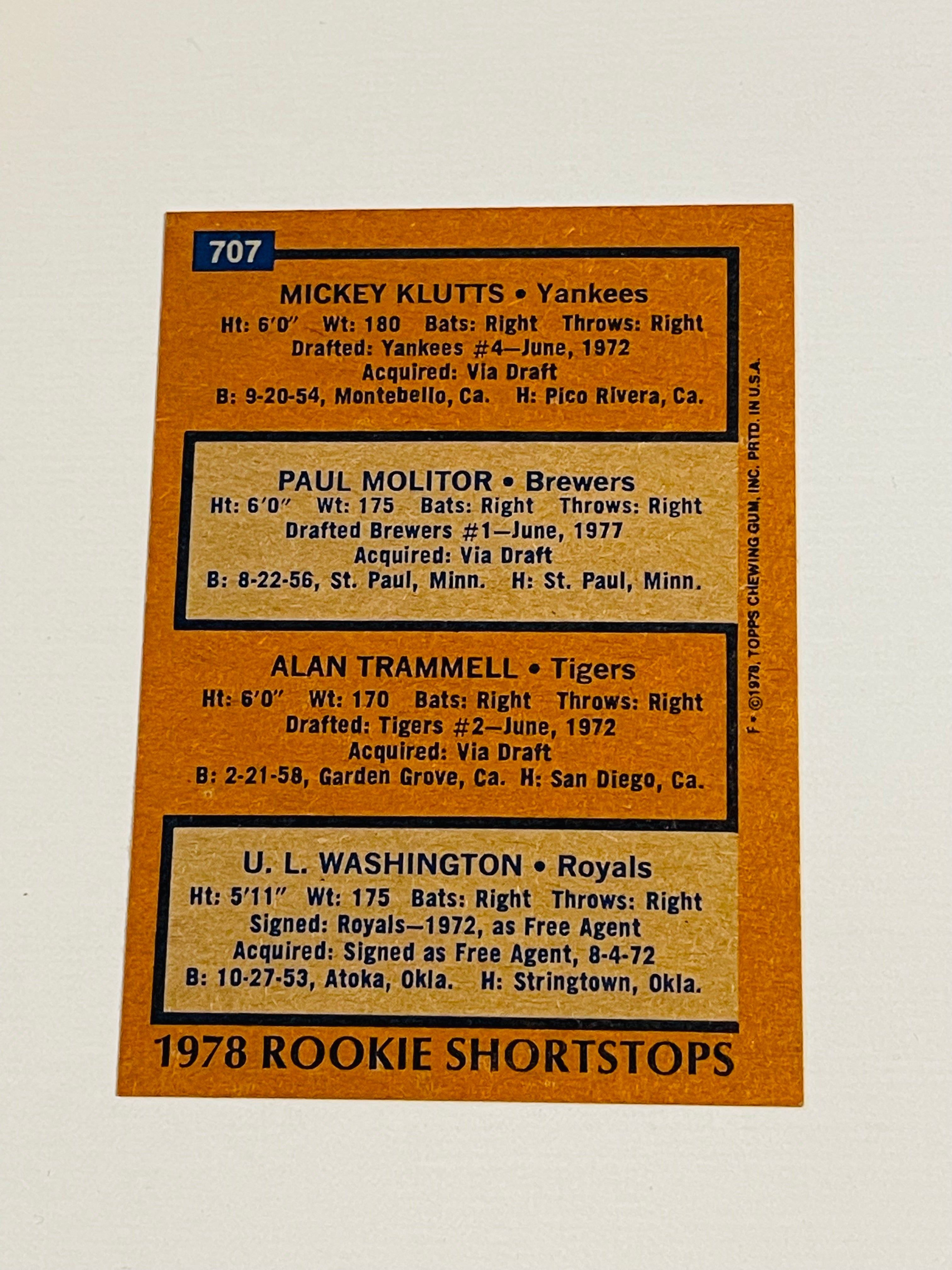 Paul Molitor/ Alan Trammell double rookie baseball card 1978