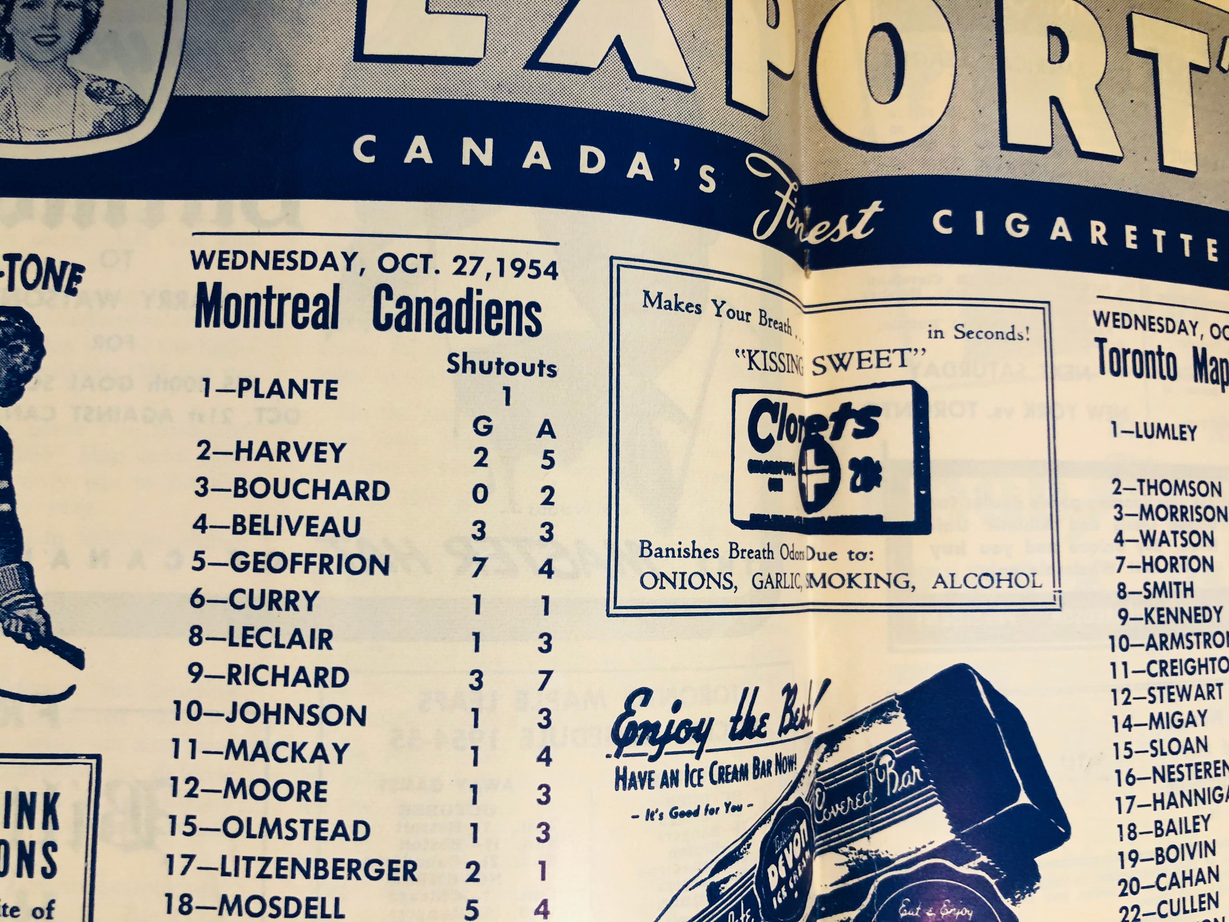 Toronto Maple Leafs hockey game program,oct.27,1954