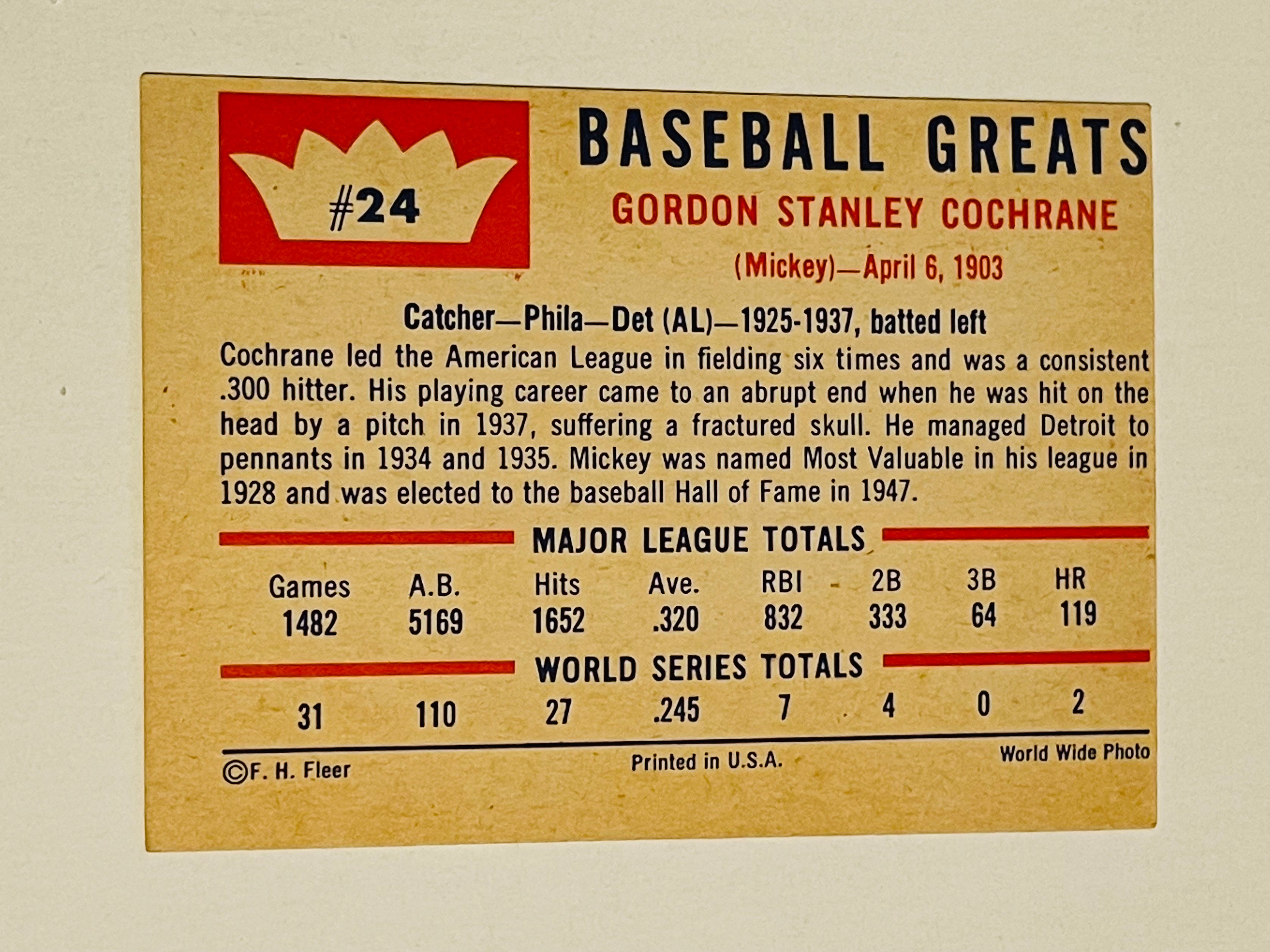 Mickey Cochrane Fleer baseball card 1960