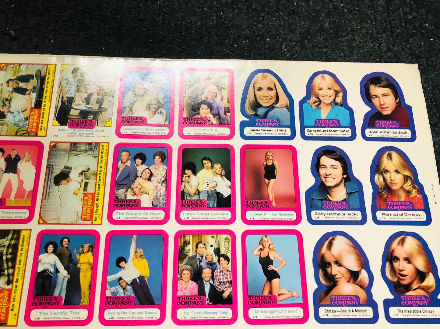 Three’s Company TV Show rare uncut stickers sheet 1978