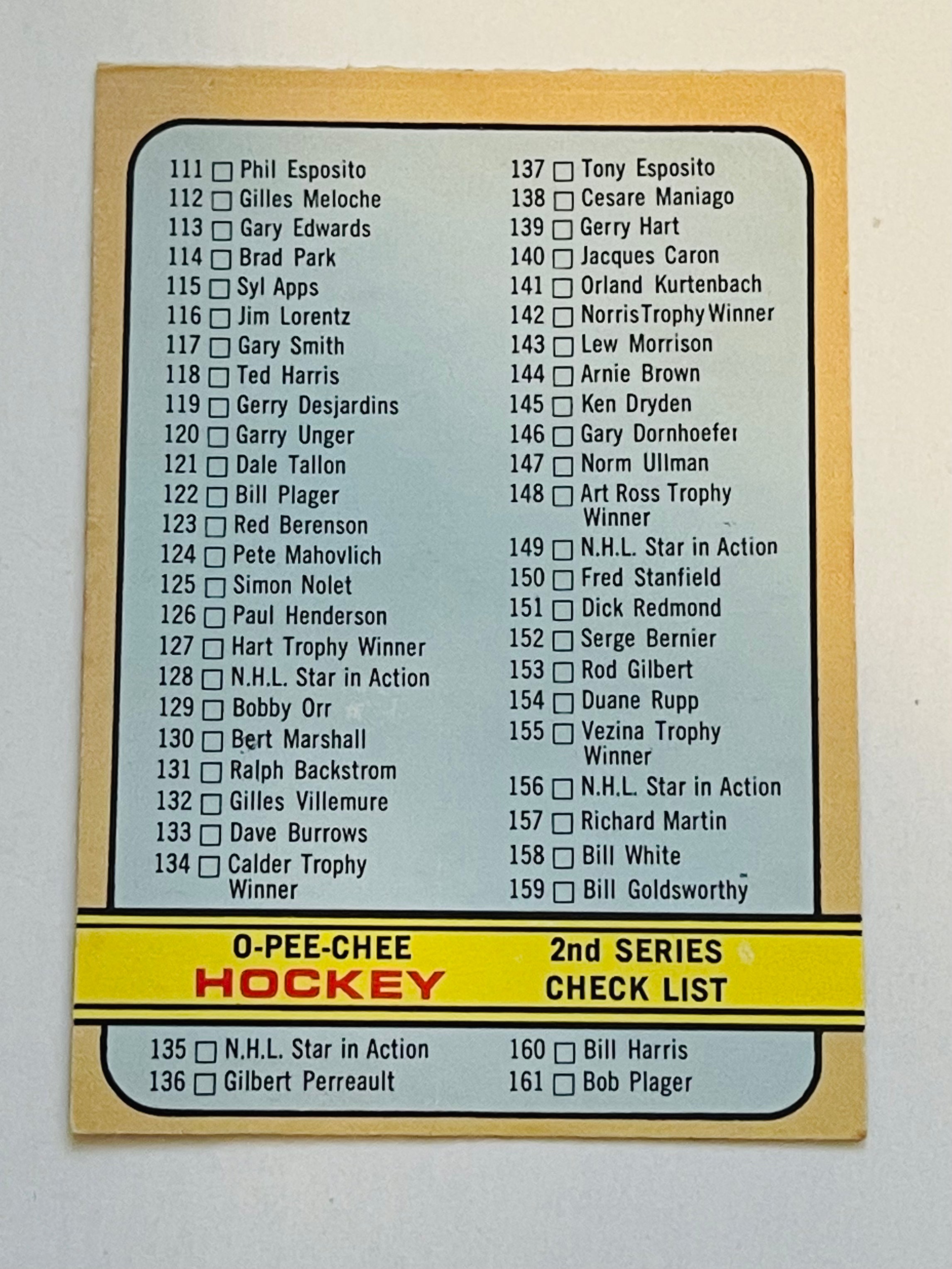 1972-73 2nd series Opc hockey card unmarked checklist