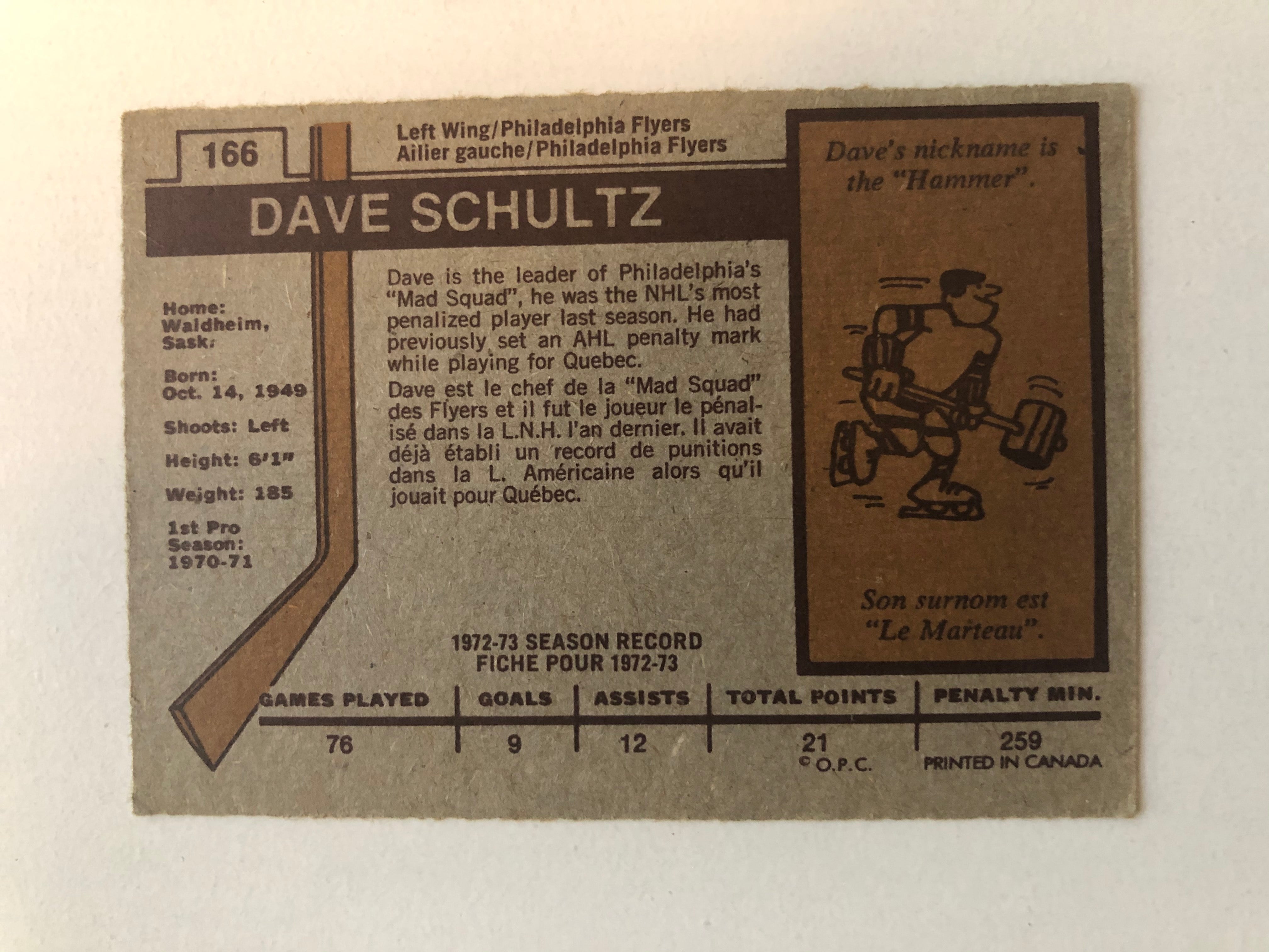 Dave Schultz opc hockey rookie card 1973