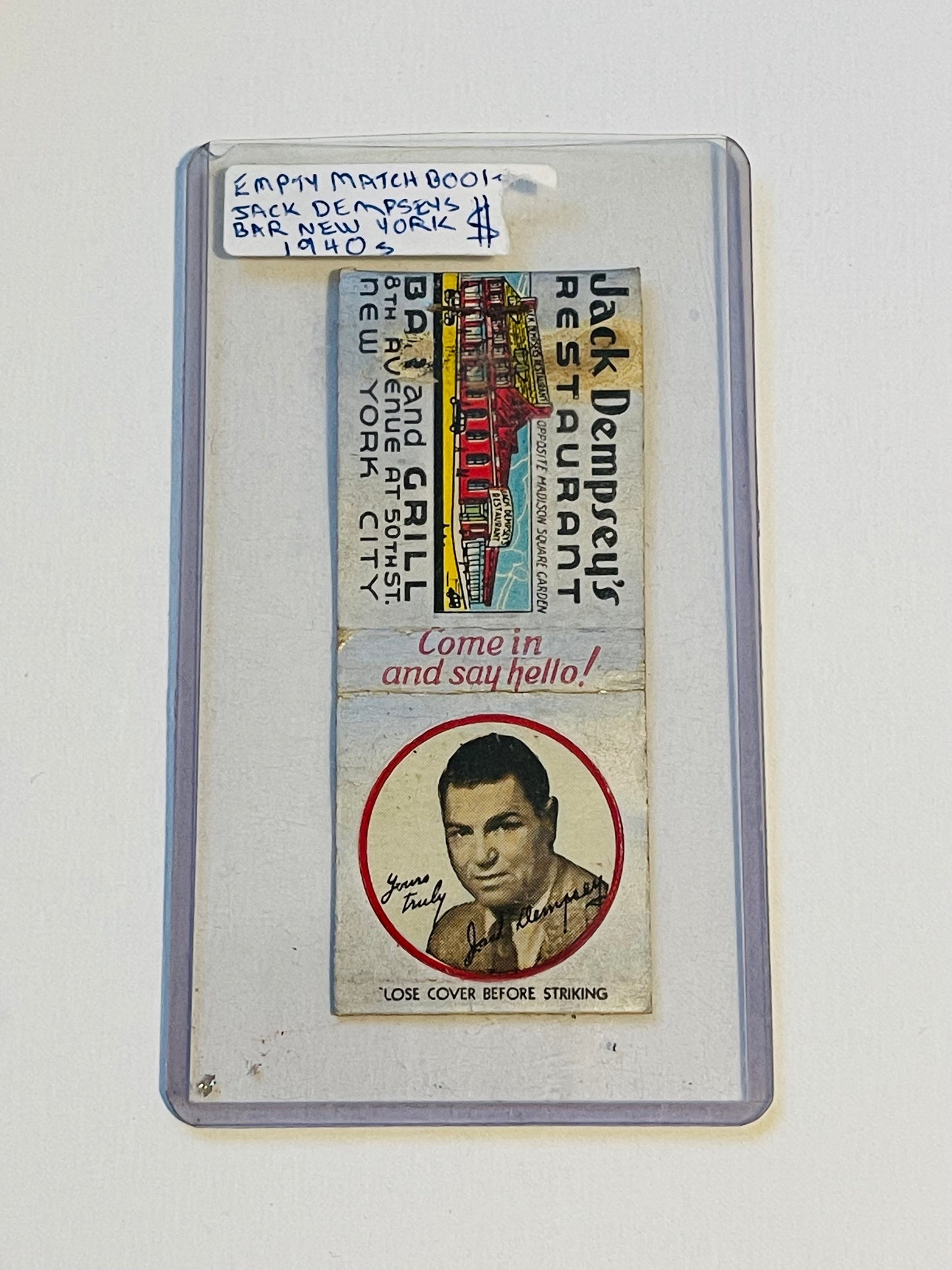 Jack Dempsey boxing restaurant match book cover 1940s