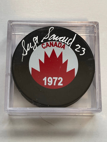 Serge Savard Team Canada hockey autograph puck with COA