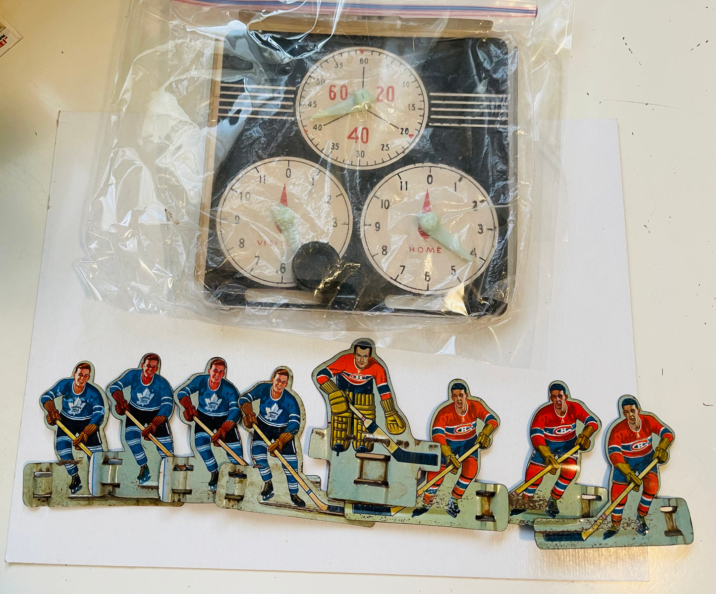 Hockey Leafs and Canadiens metal game players with scoreboard two nets and puck 1960s