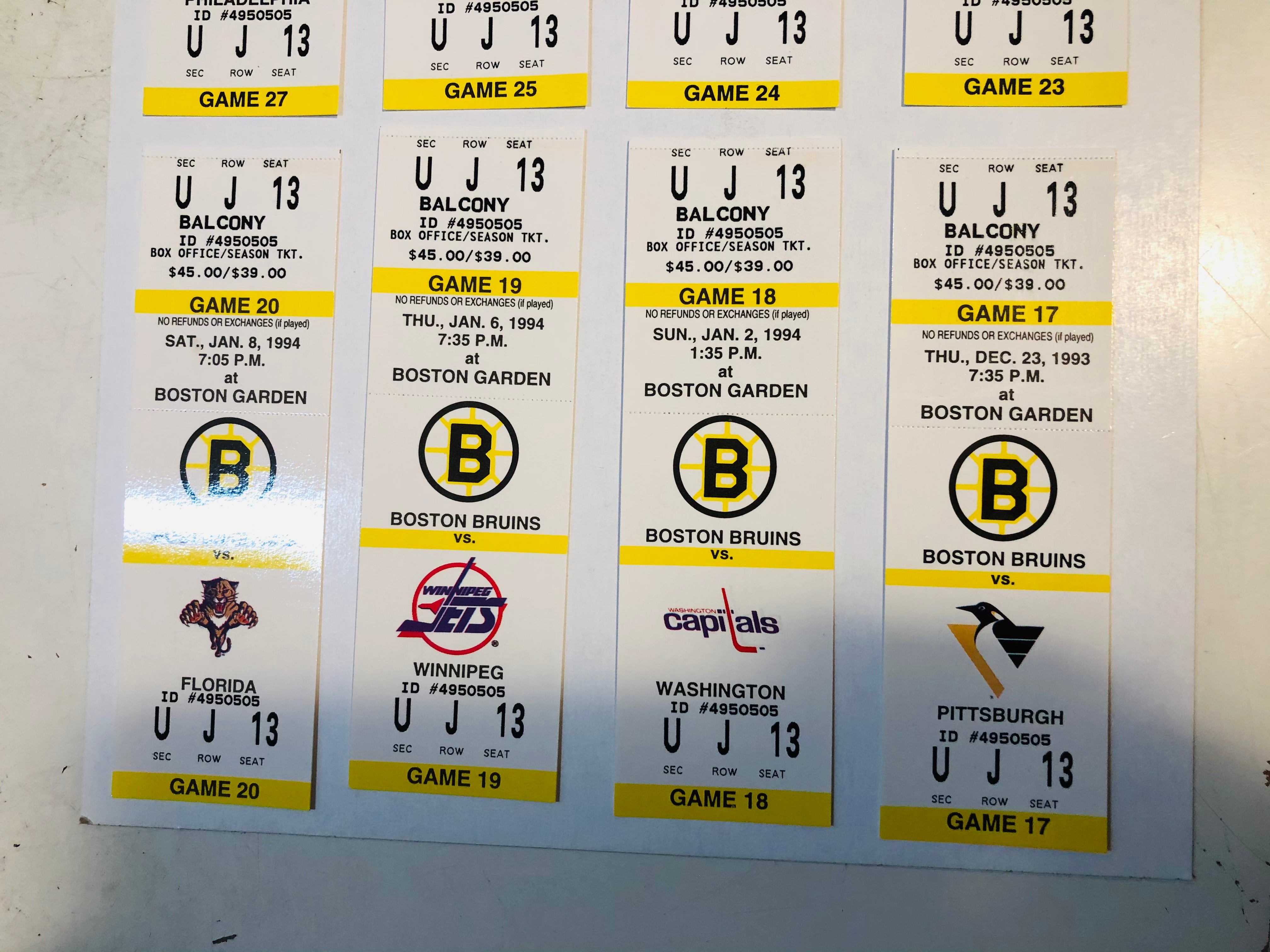 Boston Bruins 8 tickets lot deal (jan. 6, 1994)