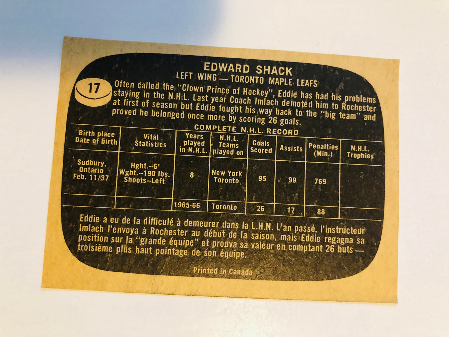 Eddie Shack opc hockey card 1966