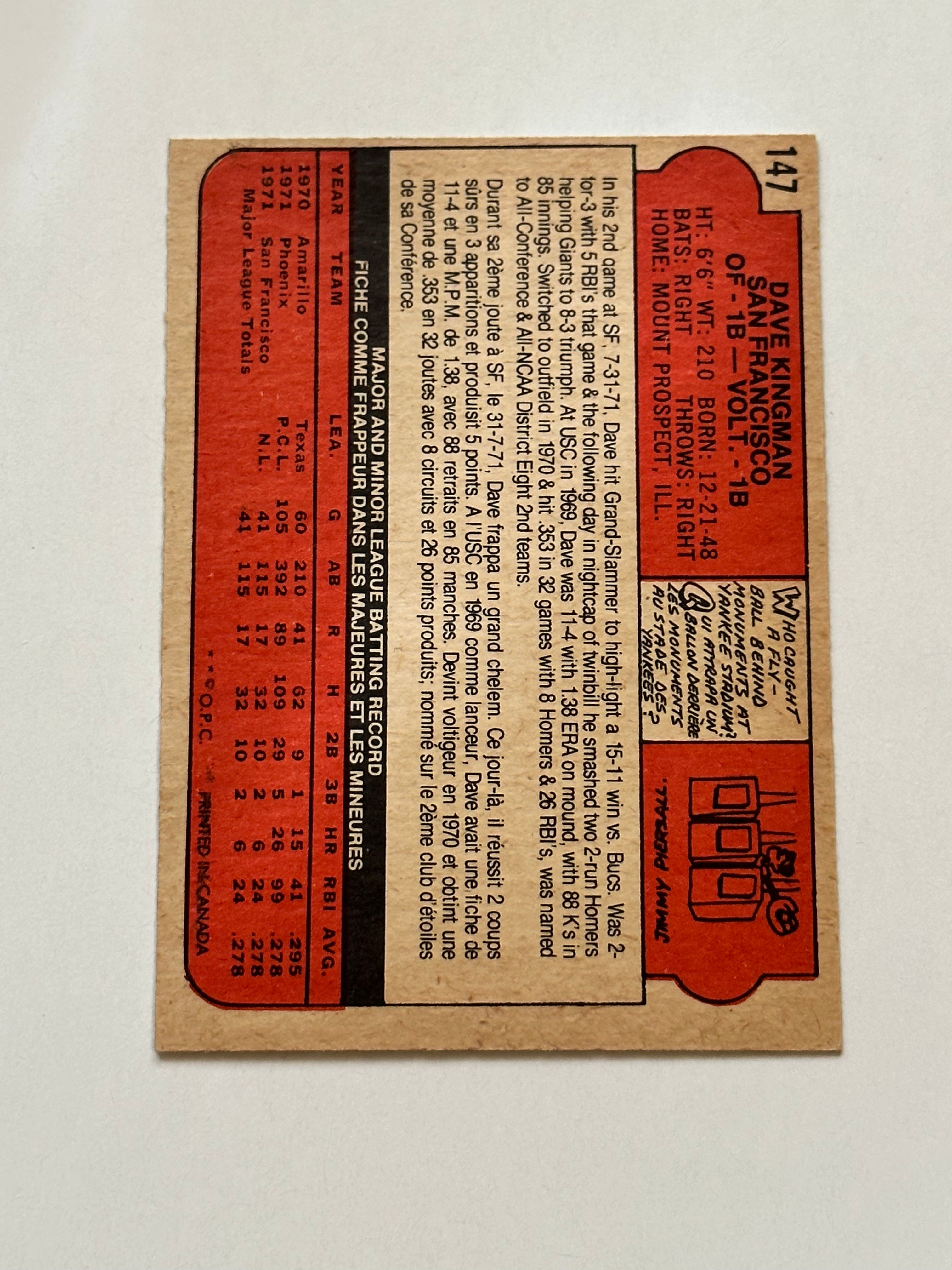 1972 Opc Dave Kingman rookie baseball card