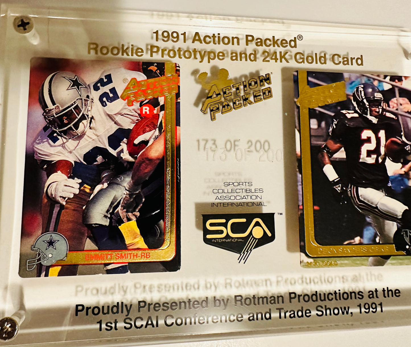 Action Packed rare SCA dinner numbered lucite football display with Emmitt Smith rookie promo #173/200