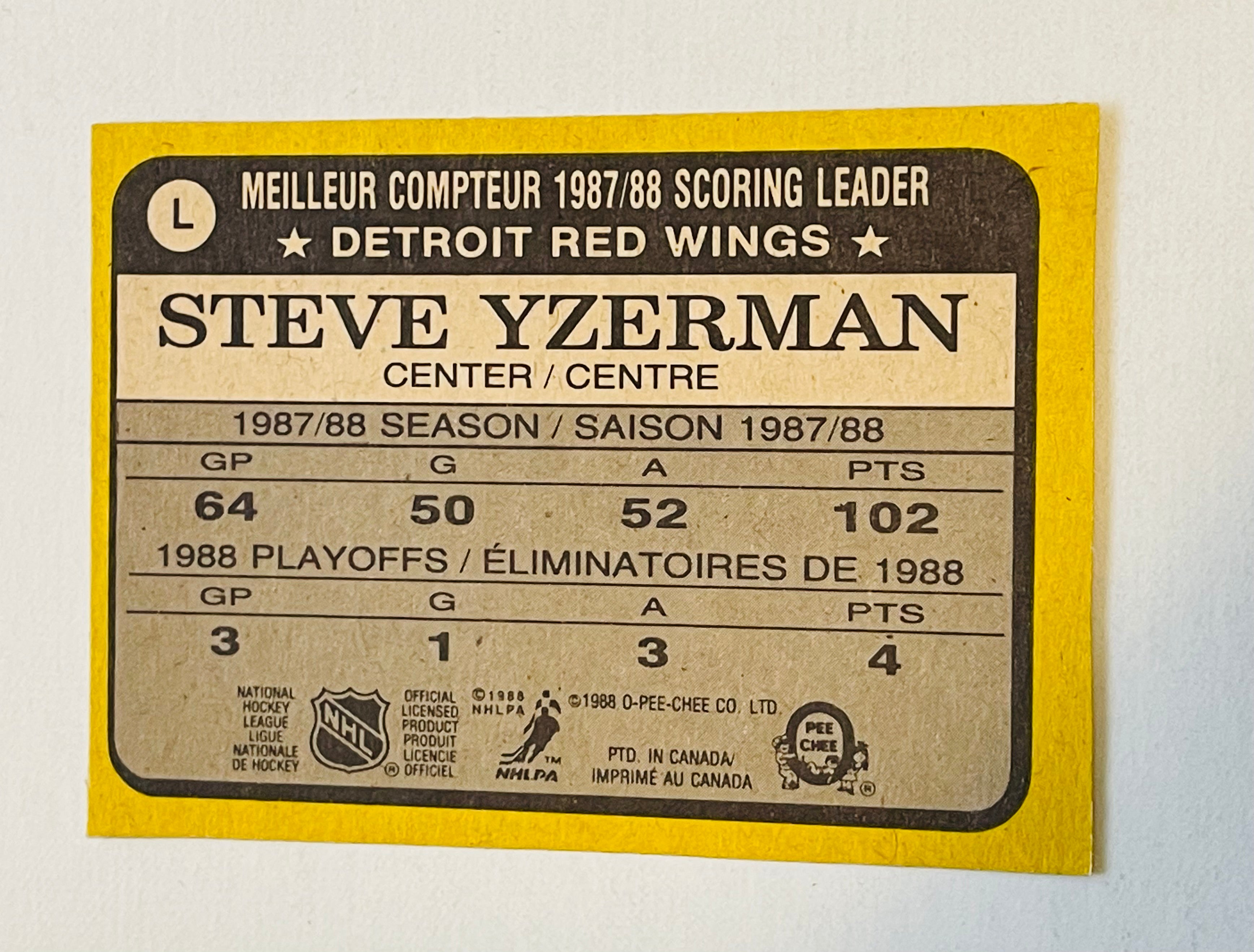 Steve Yzerman Opc rare box bottom hockey card 1988