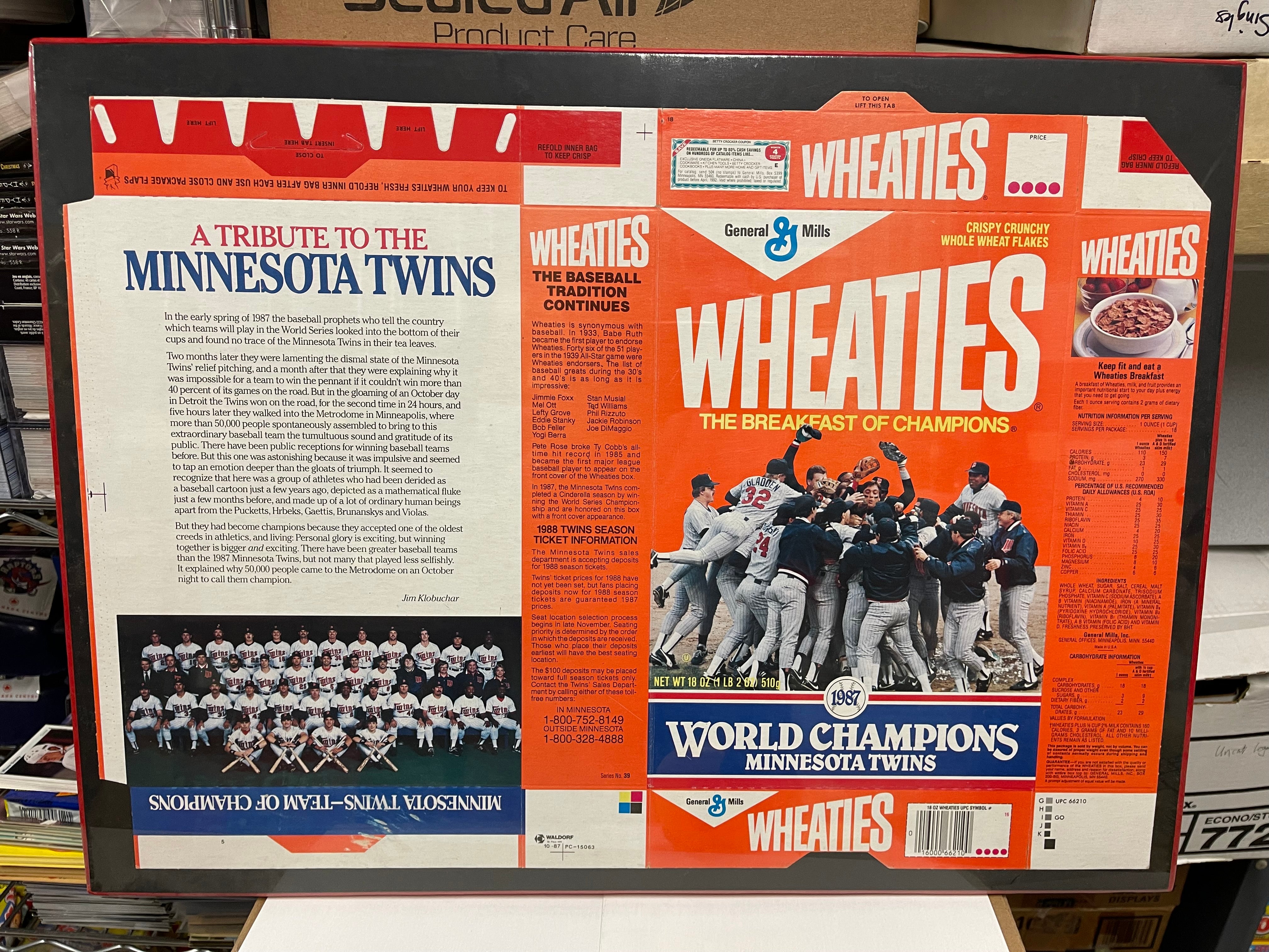 Minnesota Twins baseball champions flat Wheaties cereal box 1987