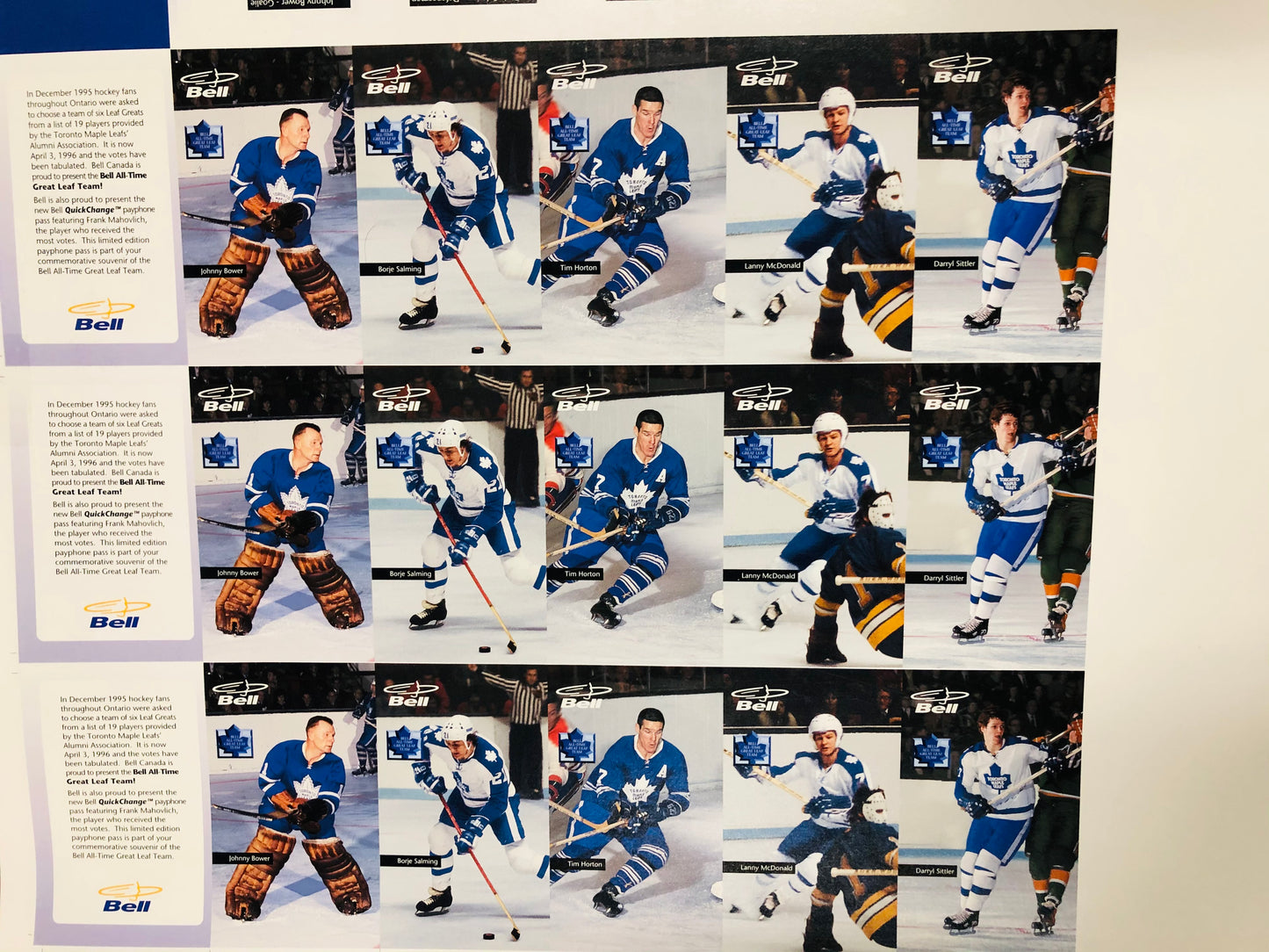 Toronto Maple Leafs hockey rare Bell Mobility uncut hockey cards sheet 1996