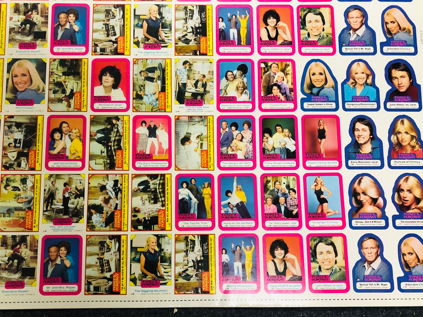 Three’s Company TV Show rare uncut stickers sheet 1978