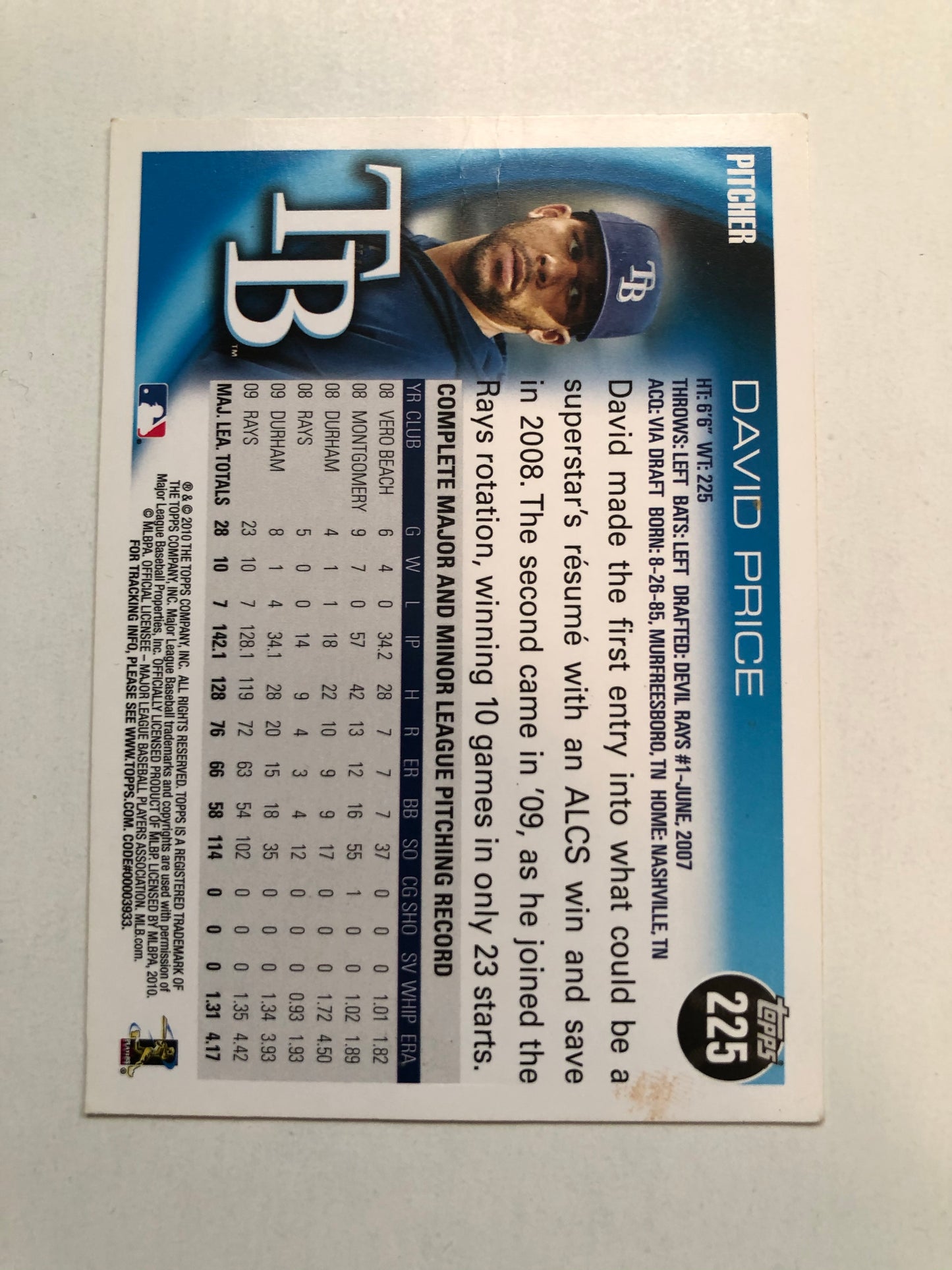 David Price autograph baseball card with COA