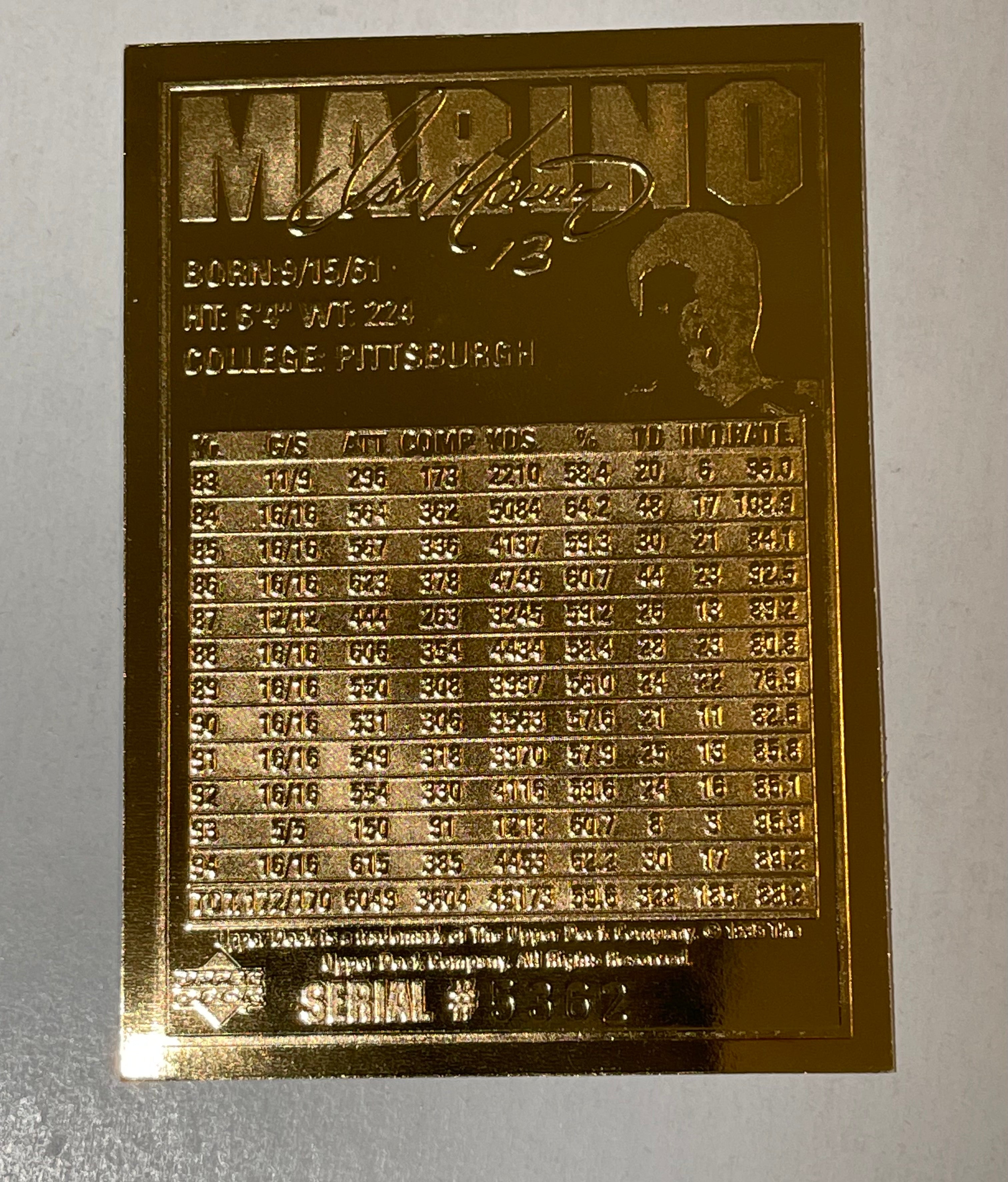 Dan Marino Upper Deck 24 k gold plated football card 1994