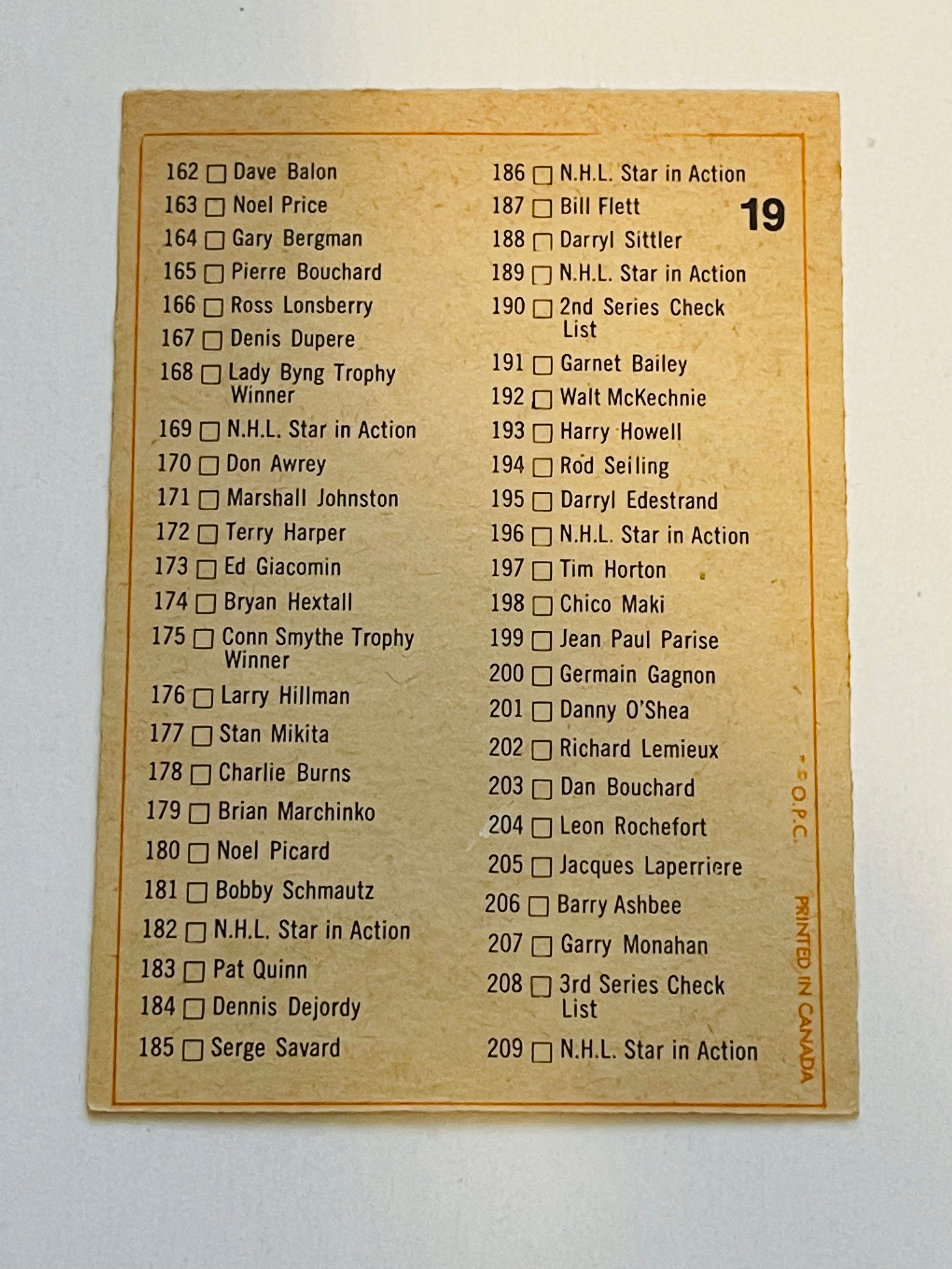 1972-73 2nd series Opc hockey card unmarked checklist