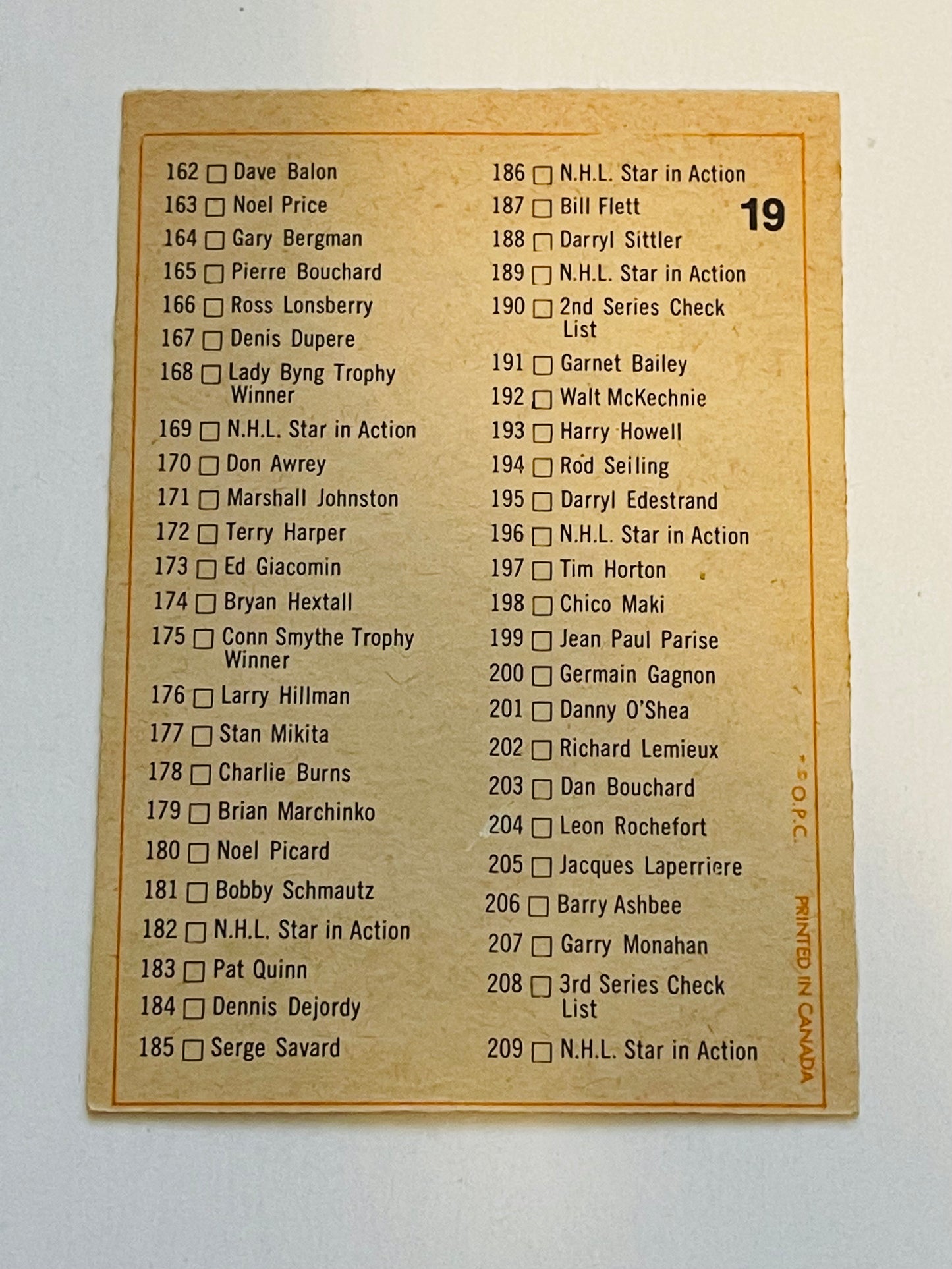 1972-73 2nd series Opc hockey card unmarked checklist