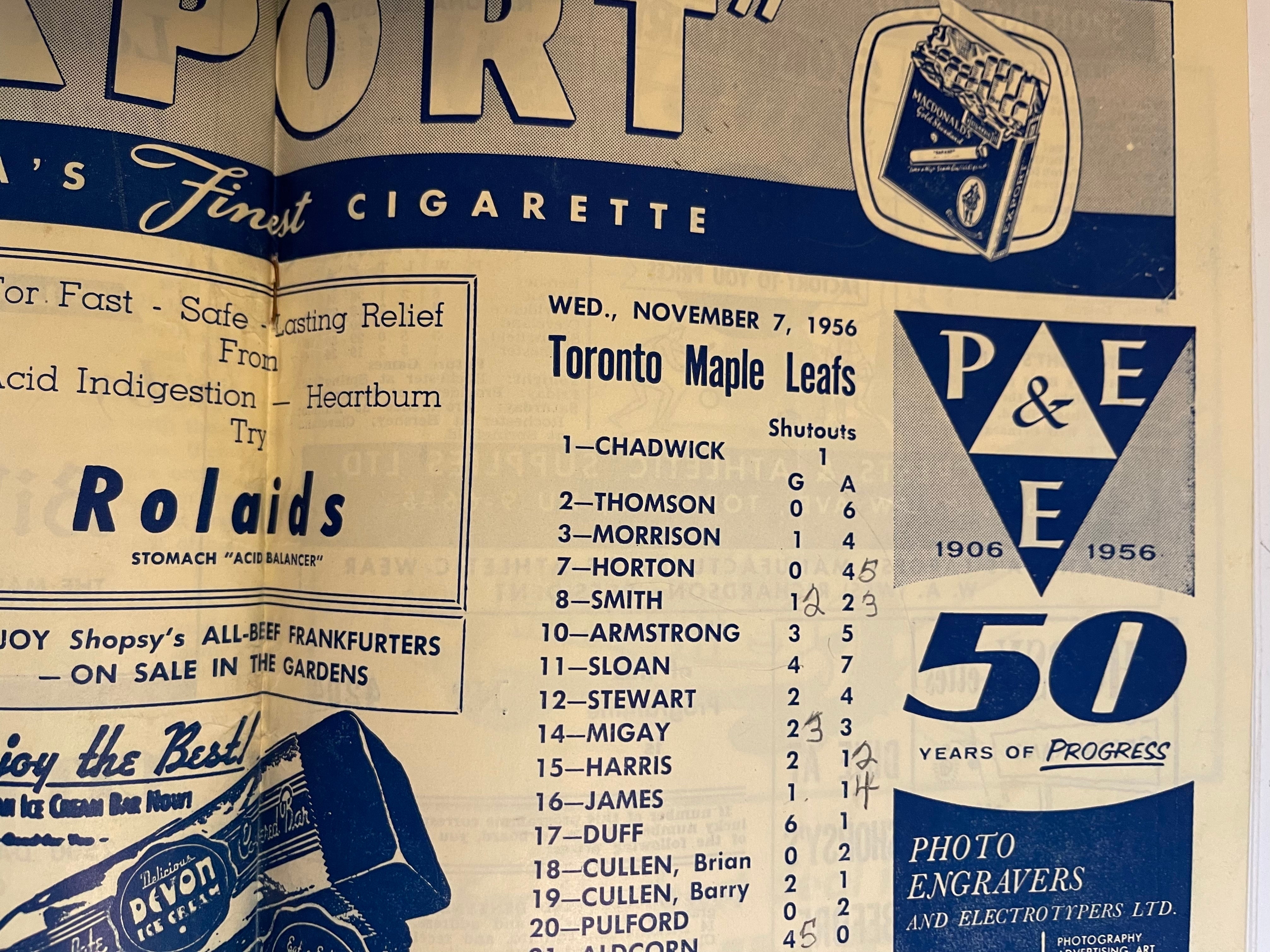 Toronto Maple Leafs hockey game program Nov.7,1956