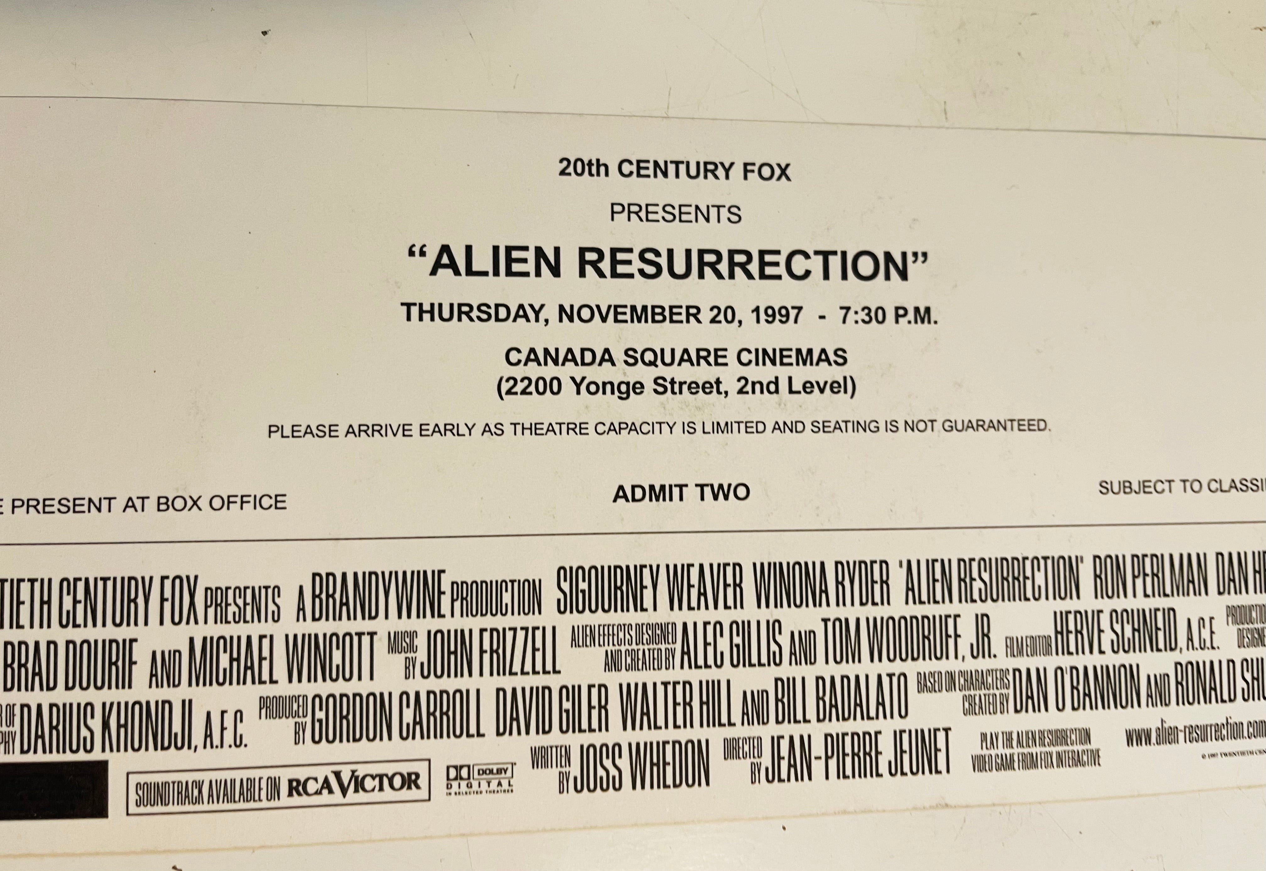 Alien Resurrection rare movie opening night pass