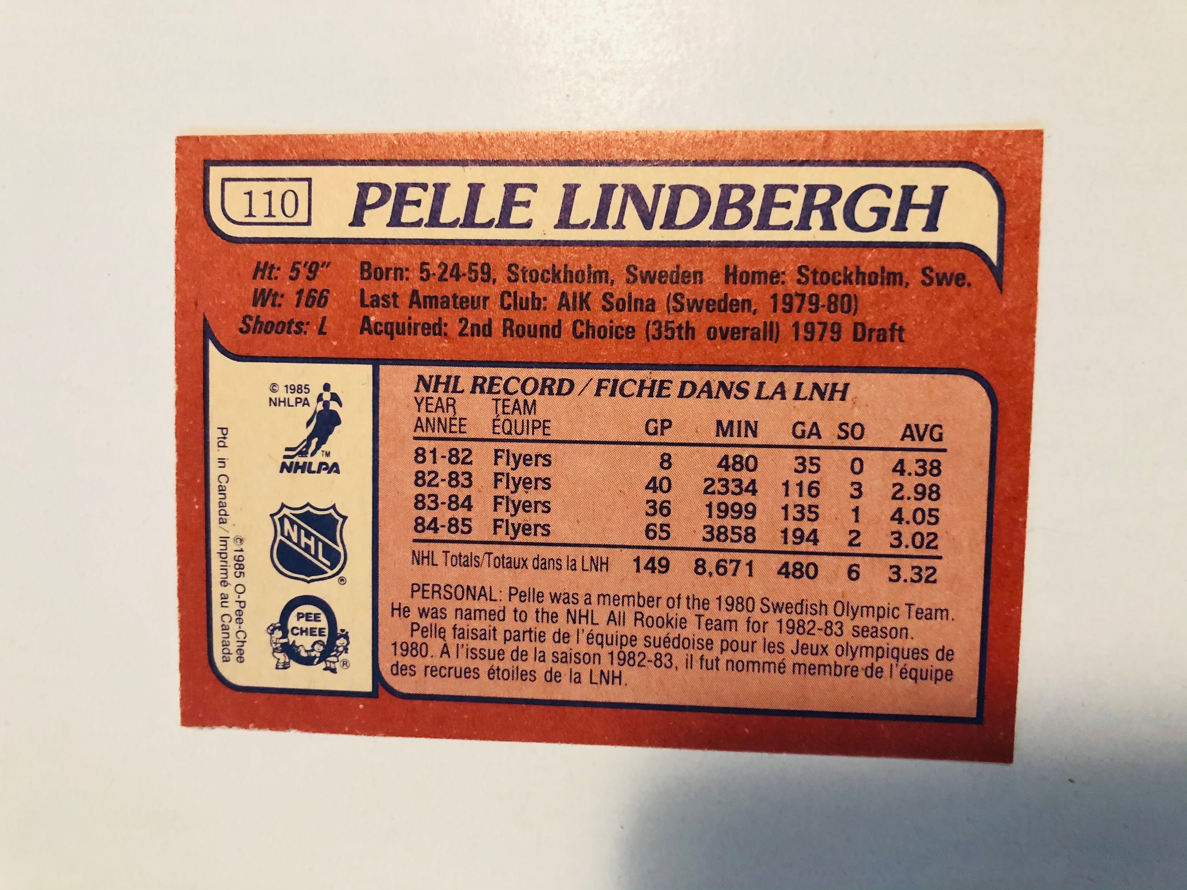 Pelle Lindbergh opc hockey memorial card 1985/86