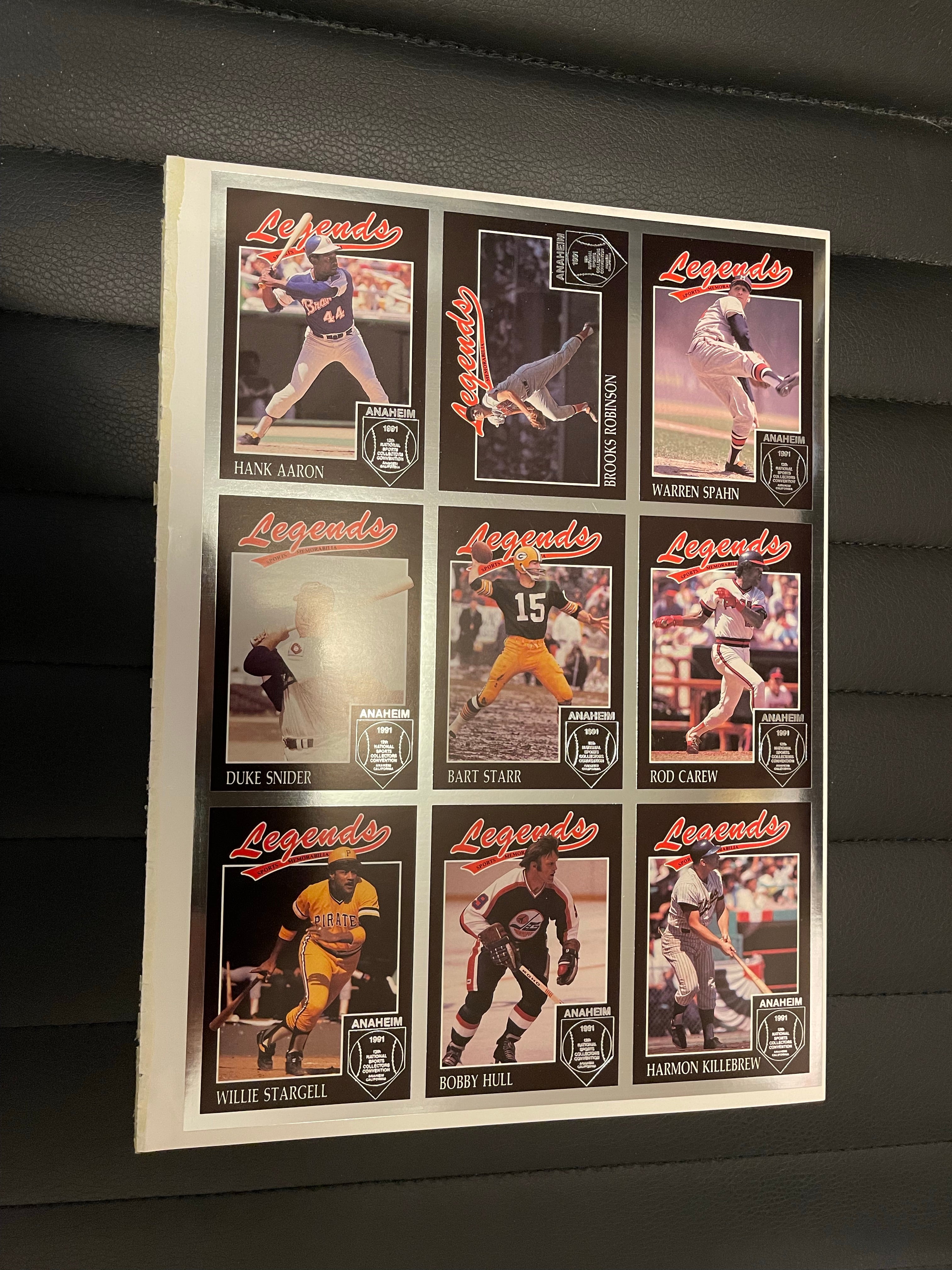 Legends sports 9 cards uncut sheet with Hank Aaron , Bobby Hull and more 1990s