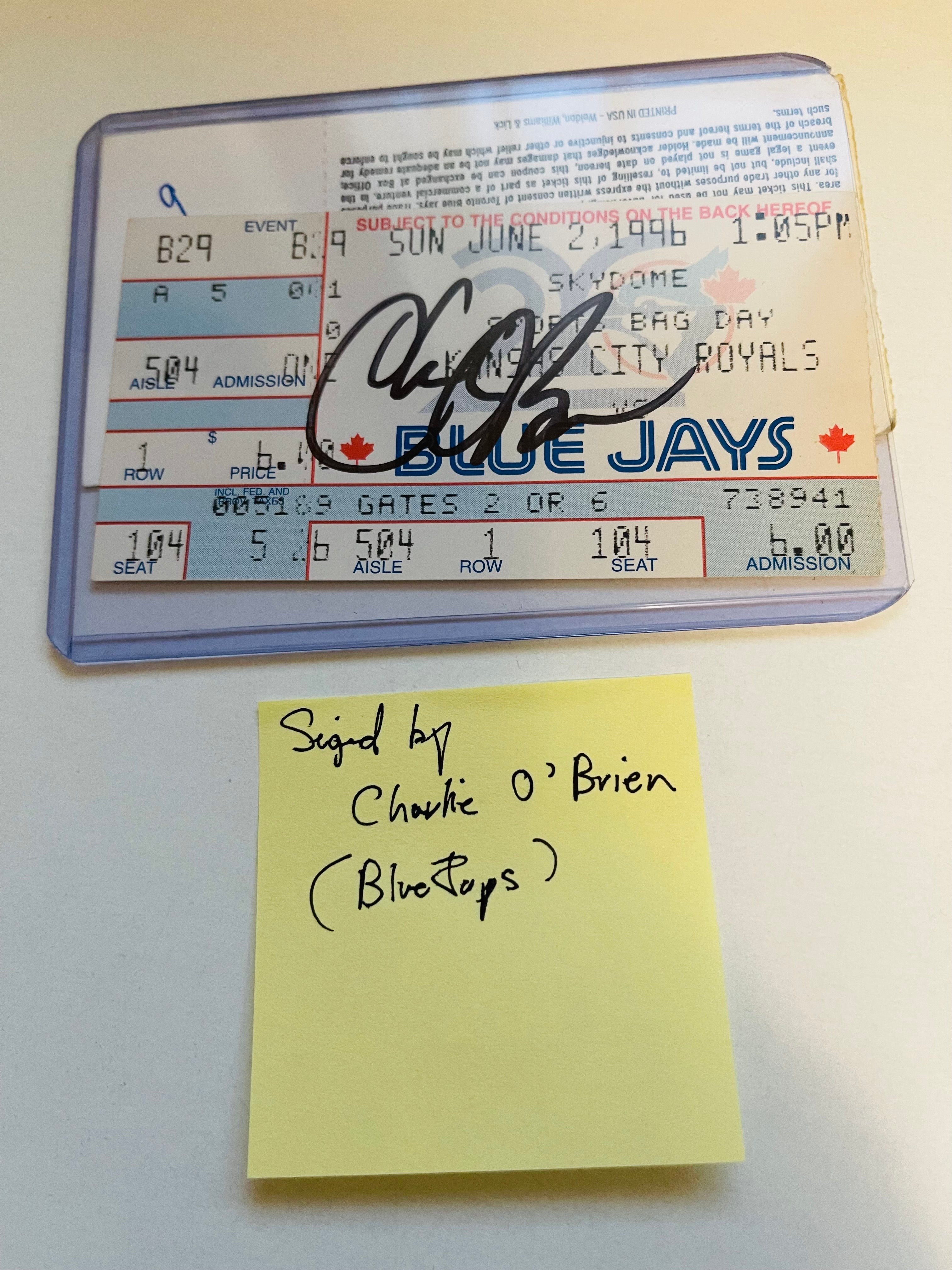 Toronto Blue Jays baseball Charlie O’Brien signed ticket with COA