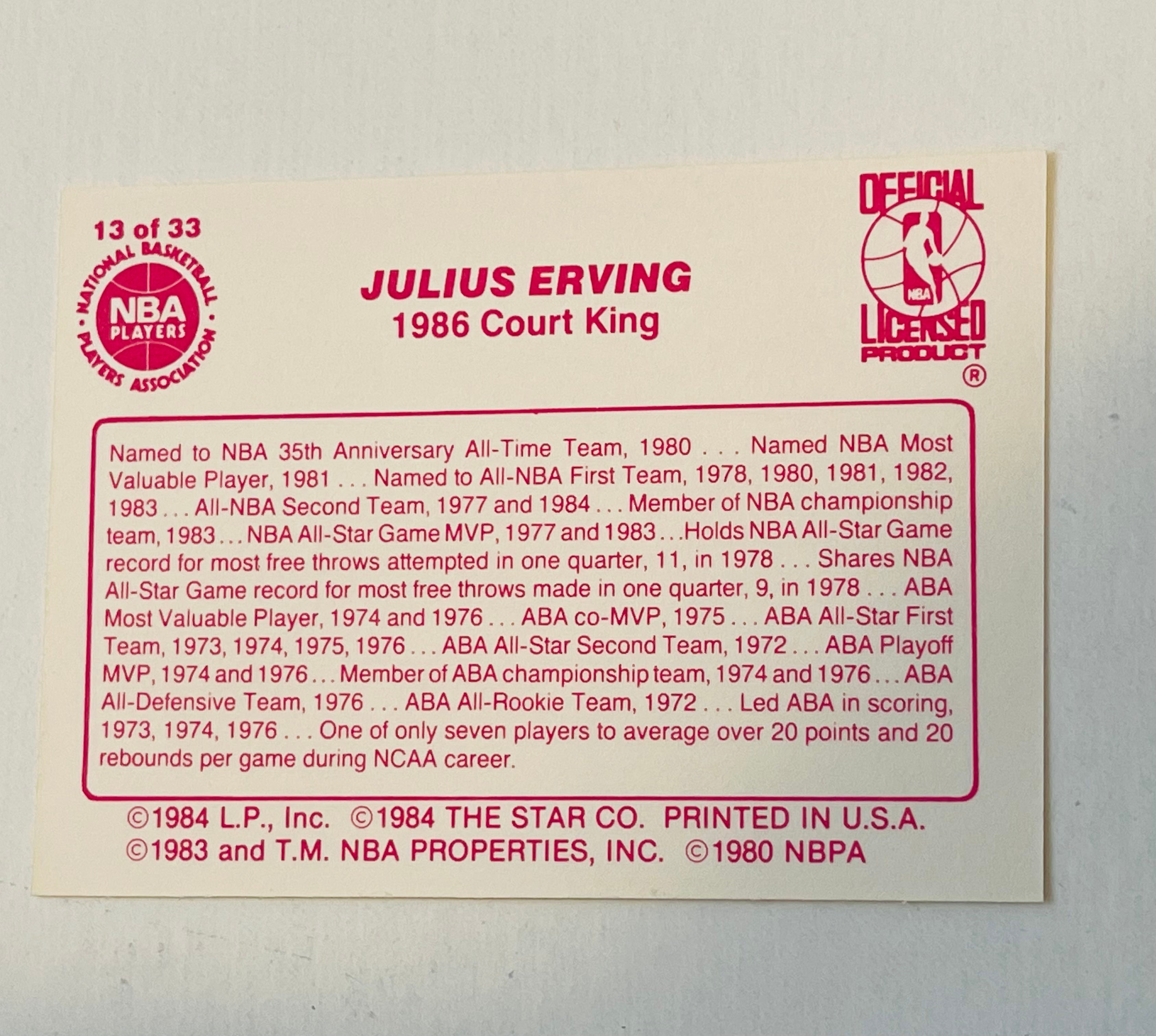 Julius Erving Star Court kings high grade basketball card 1986