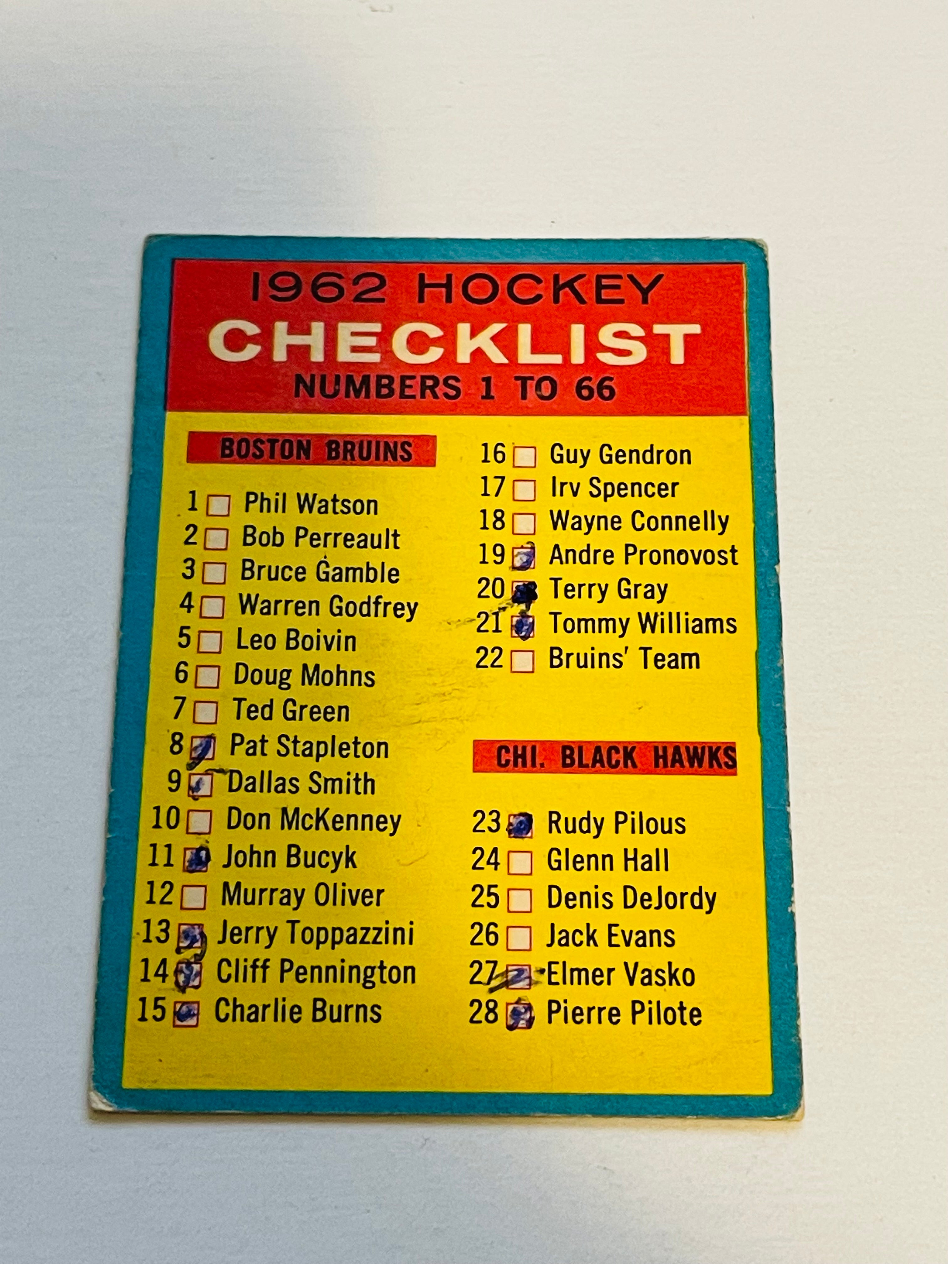 1962 Topps rare hockey card checklist card