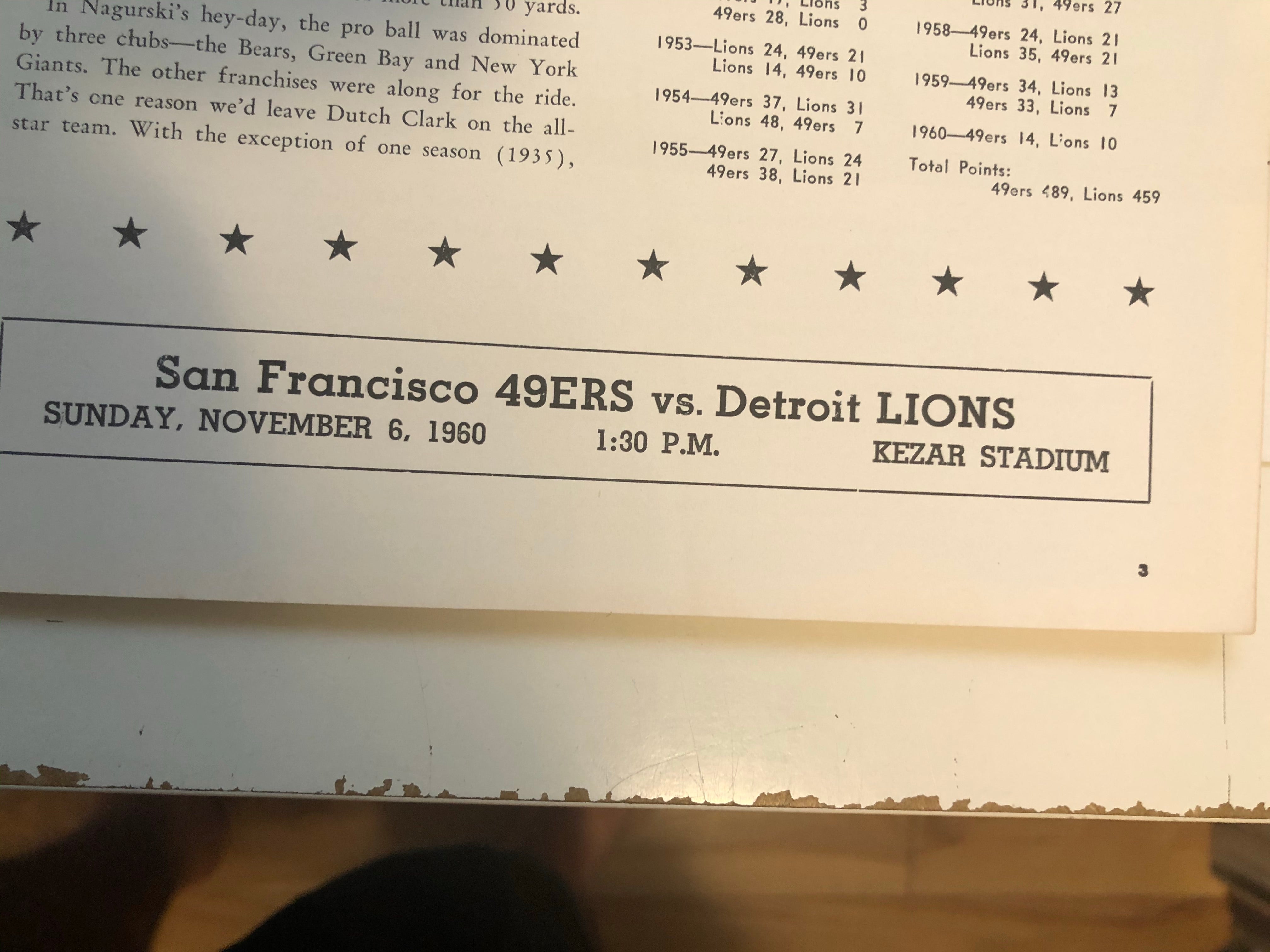 1960 football game program 49ers vs Lions