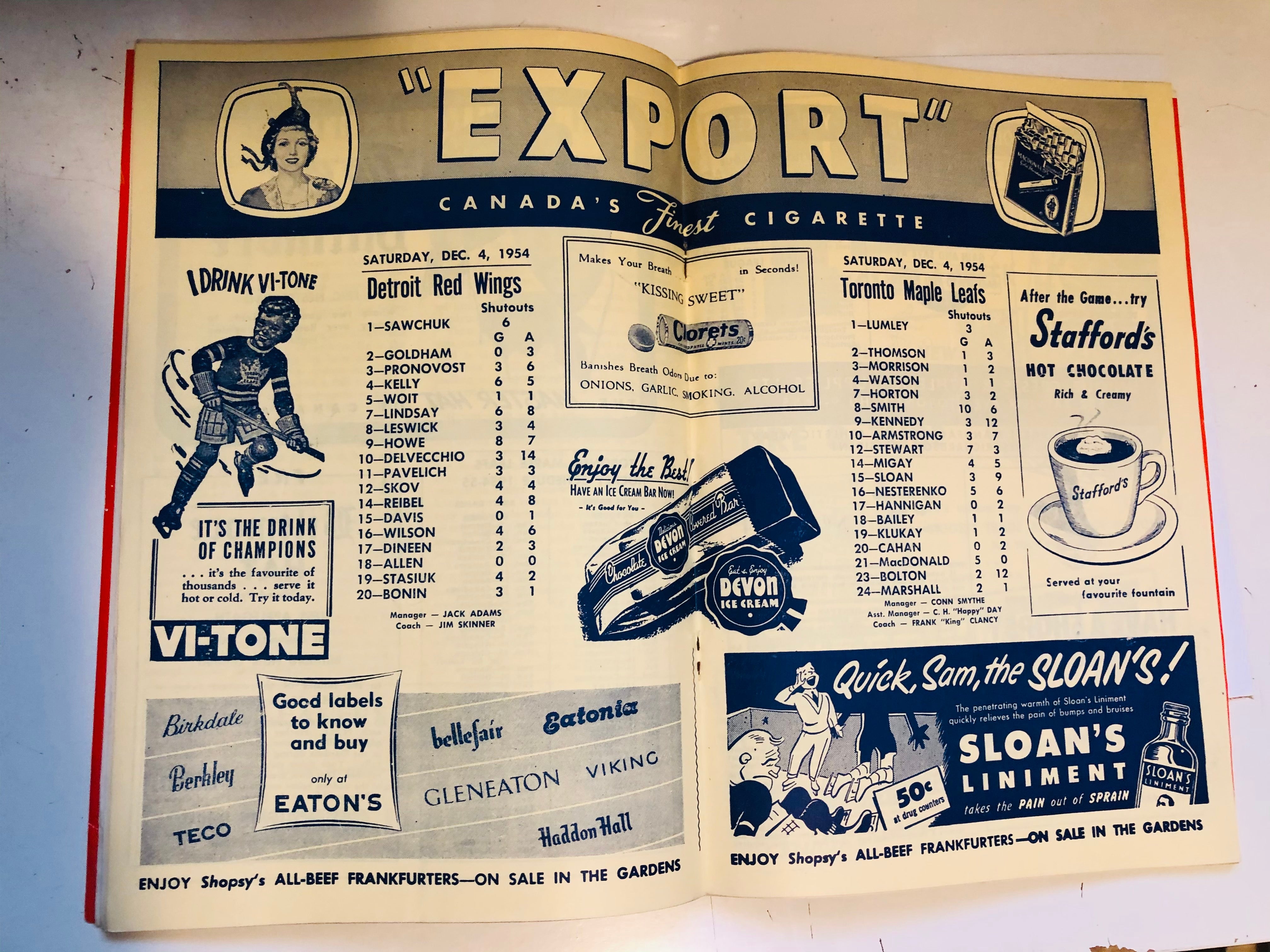 Toronto Maple Leafs hockey game program Dec.4,1954