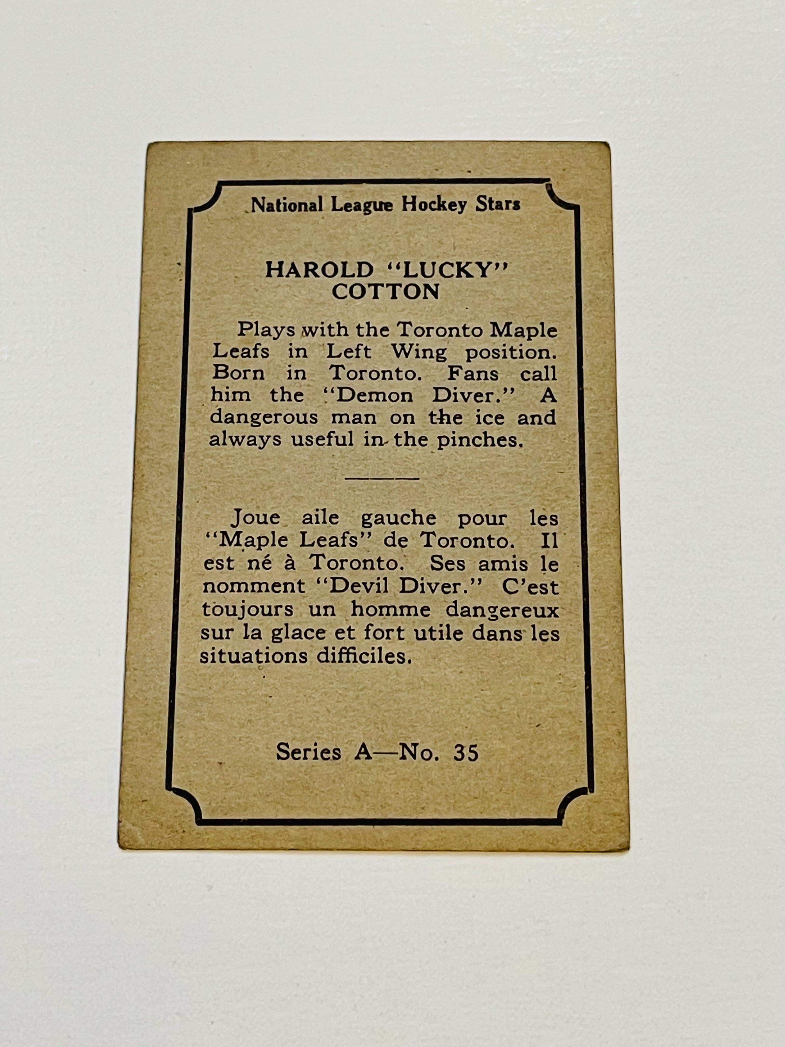 1933 opc Toronto Maple Leafs Harold Cotton hockey card