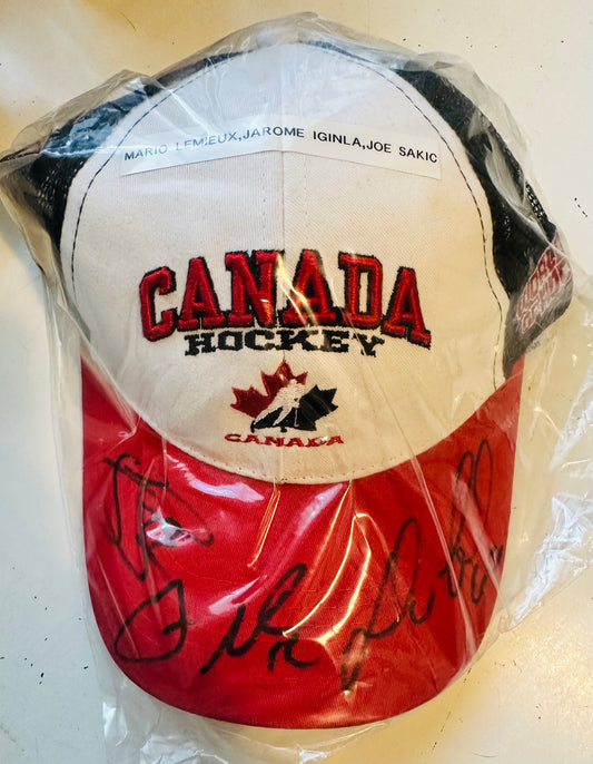 Team Canada Rare triple autograph hat by Mario Lemieux, Sakic and Iginla hat sold with COA